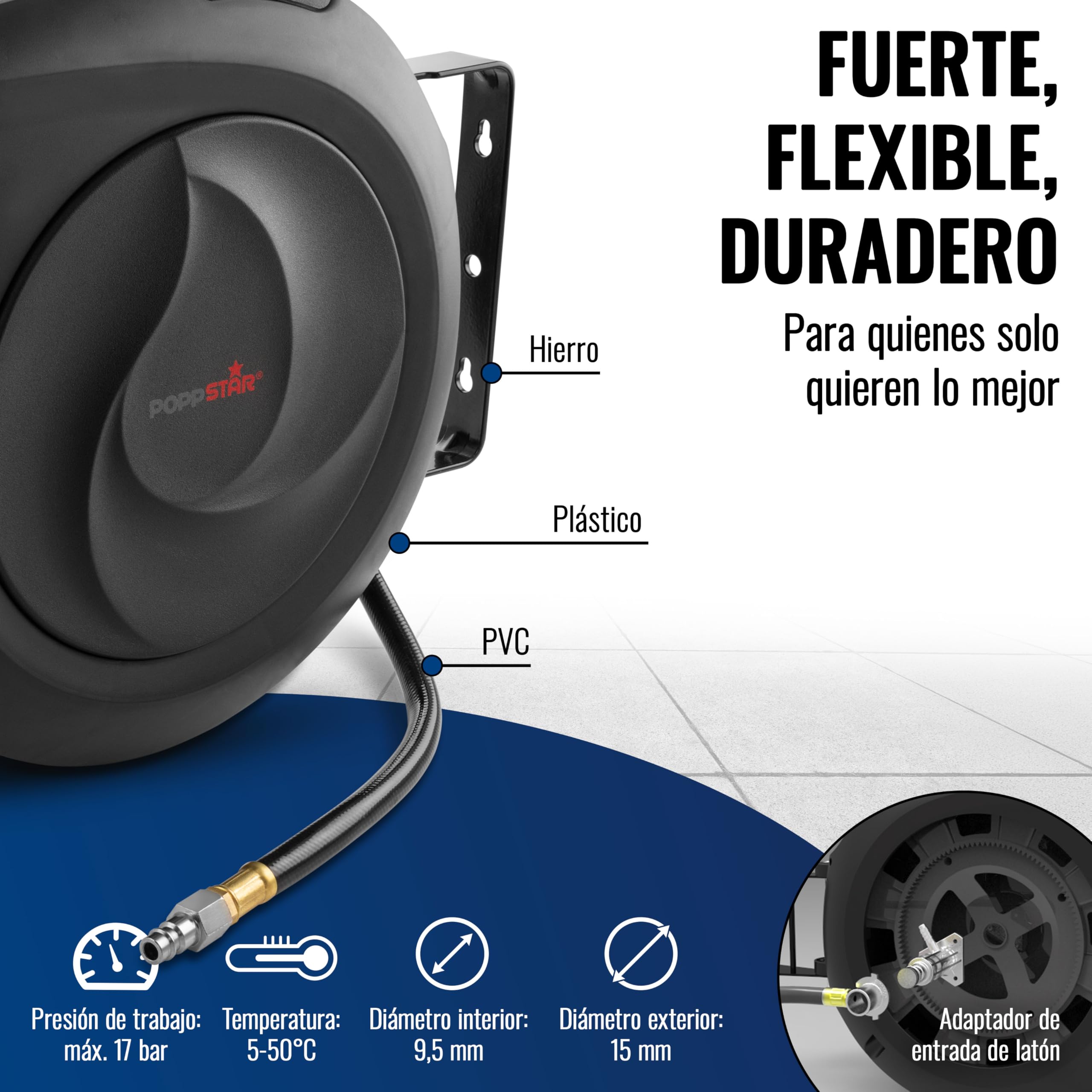 Poppstar Enrollador de manguera de aire comprimido (manguera: 15m + 1m, diámetro interno de 3/8" (9,5x15mm), 1/4" BSPT), mecanismo de enrollado para manguera de aire comprimido