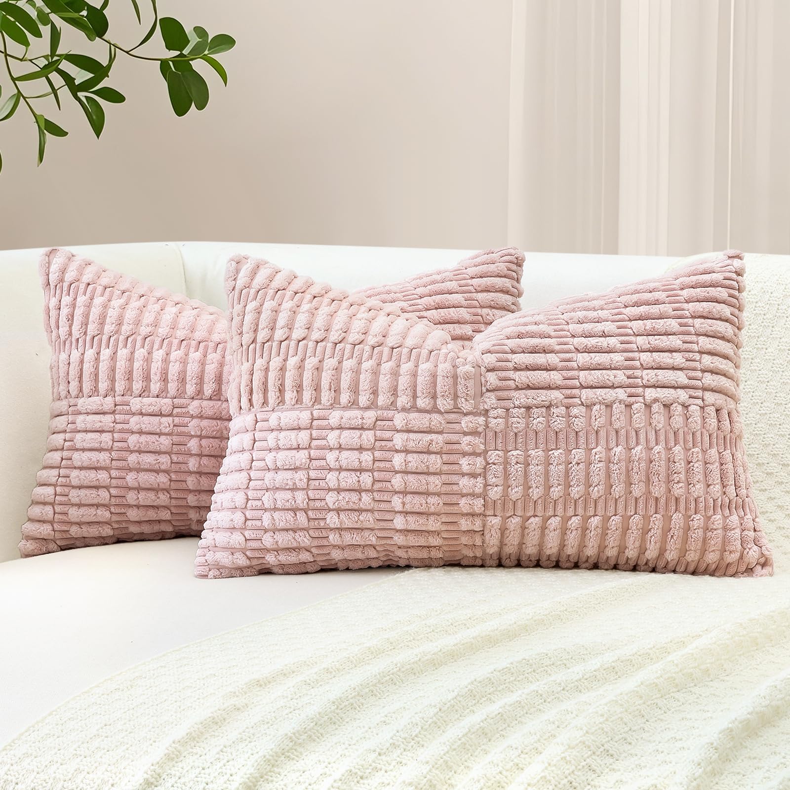 Sungeek Set of 2 Decorative Cushion Covers 40 x 60cm Soft Corduroy Striped Cross Patchwork Textured Pillow Cases Boho Farmhouse Lumbar Throw Pillow Covers for Sofa Bed Patio 16x24 Inch, Pink