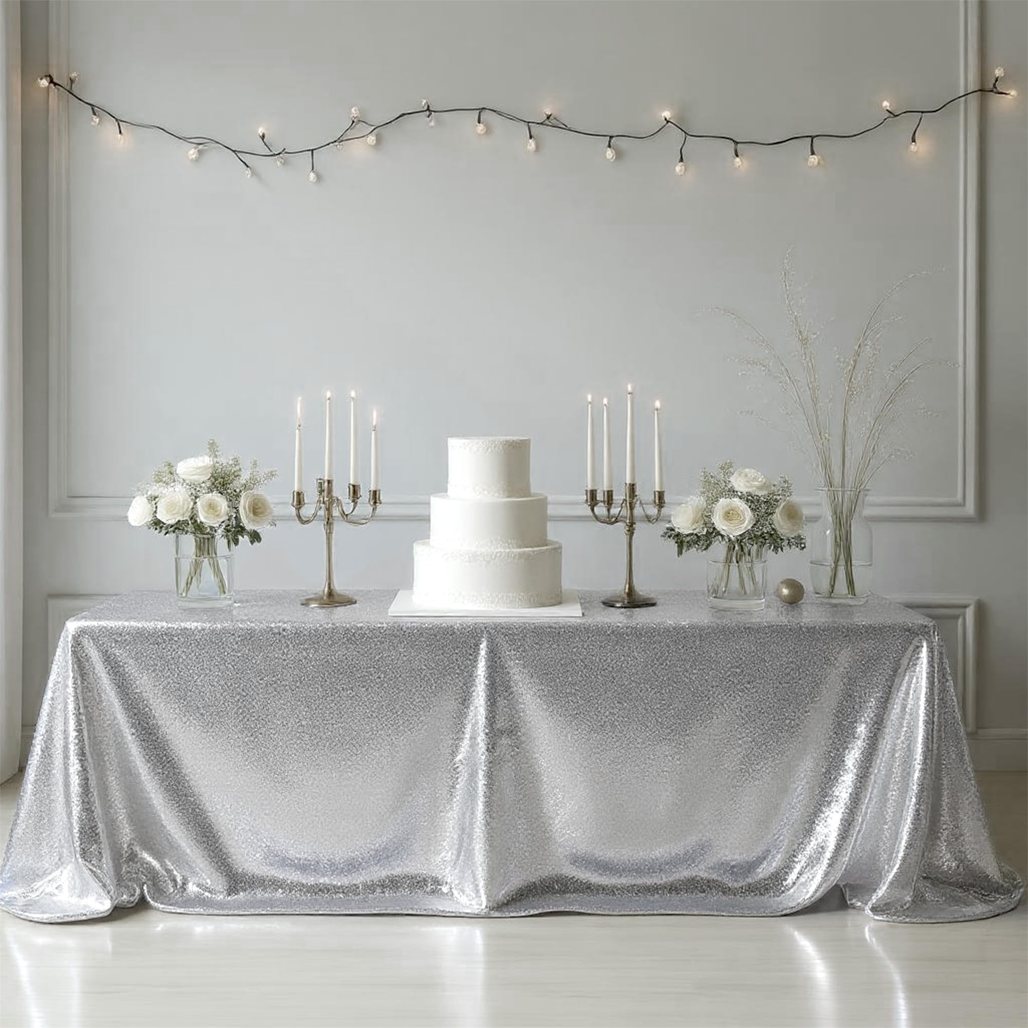 WedDecor Sequin Tablecloth 70" x 108" Rectangle Shiny Glitter Silver Table Cover For Birthdays, Wedding, Banquets, Reception, Dining Party, Baby Shower, Table Decorations, Pack of 1