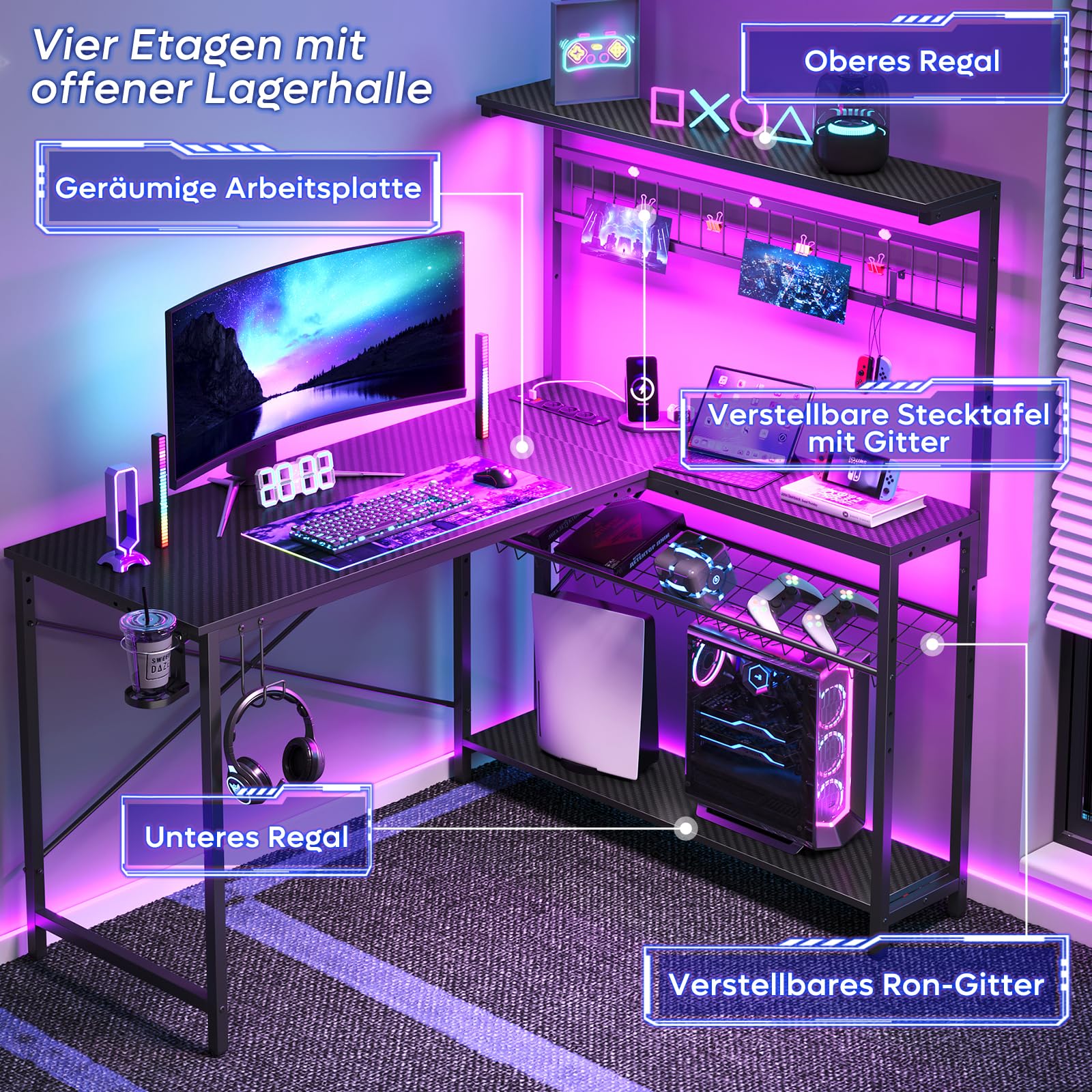 Bestier Gaming Desk 130 cm L förmig Reversibler Eckschreibtisch mit Steckdosen LED-Lichtern 4 Regalböden Haken & Becherhalter Ideal für Home Office und Gaming