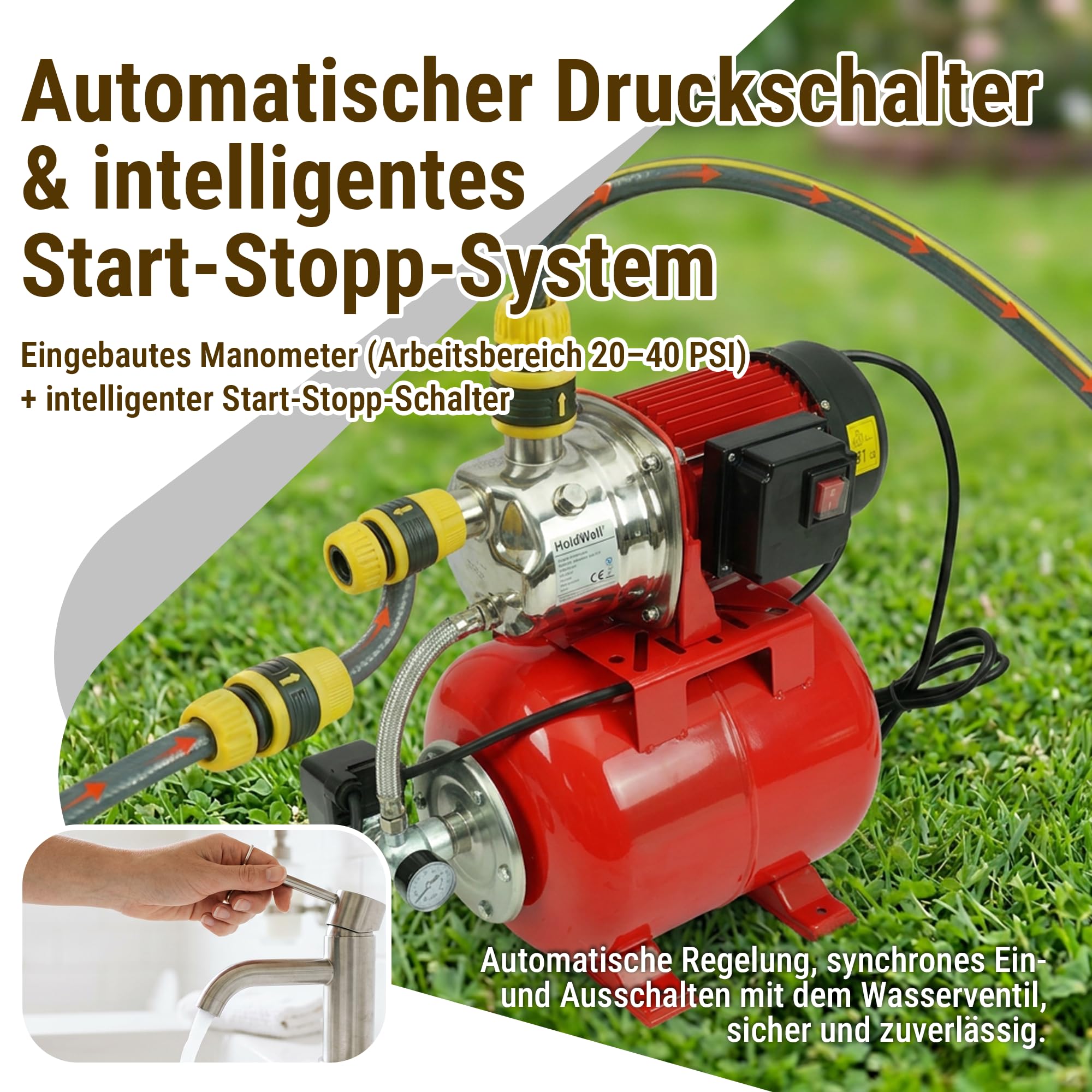HoldwellS 1200W Flachbrunnen-Jetpumpe mit 19L Druckkessel, 5000 L/h, 49 m Förderhöhe, 9 m Ansaughöhe, Edelstahl & Aluminium, automatischer Druckschalter, IPX4 für Garten, Landwirtschaft & Haushalt