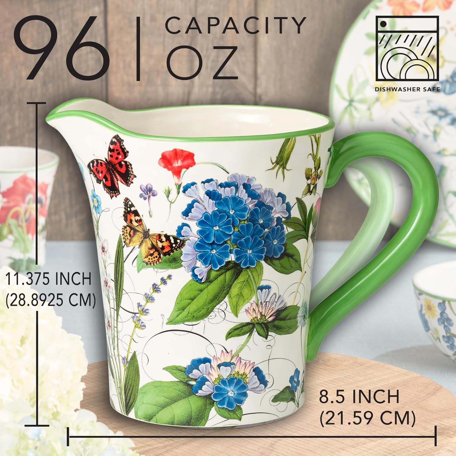 Greenhouse 112-Ounce Ceramic Pitcher, Vibrant Floral Design with Butterflies & Dragonflies, Durable & Multi-Purpose, Perfect for Serving Drinks or as a Decorative Vase, Elegant Gift Idea
