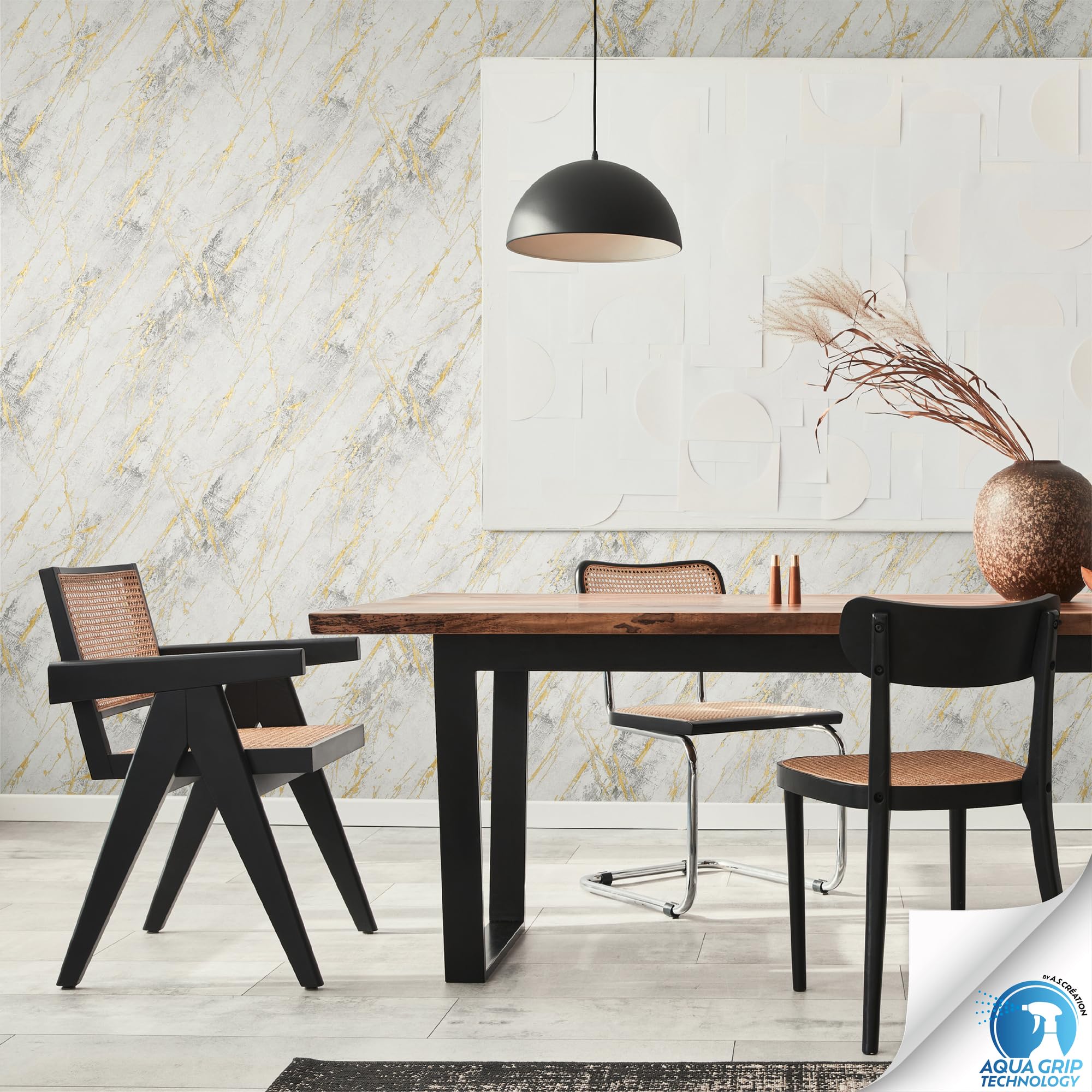 Livingwalls Wallpaper DESIGNDROP, precovered Non-Woven Wallpaper Marble in White, Gold, Grey, 10,05m x 0,53m - Image 4