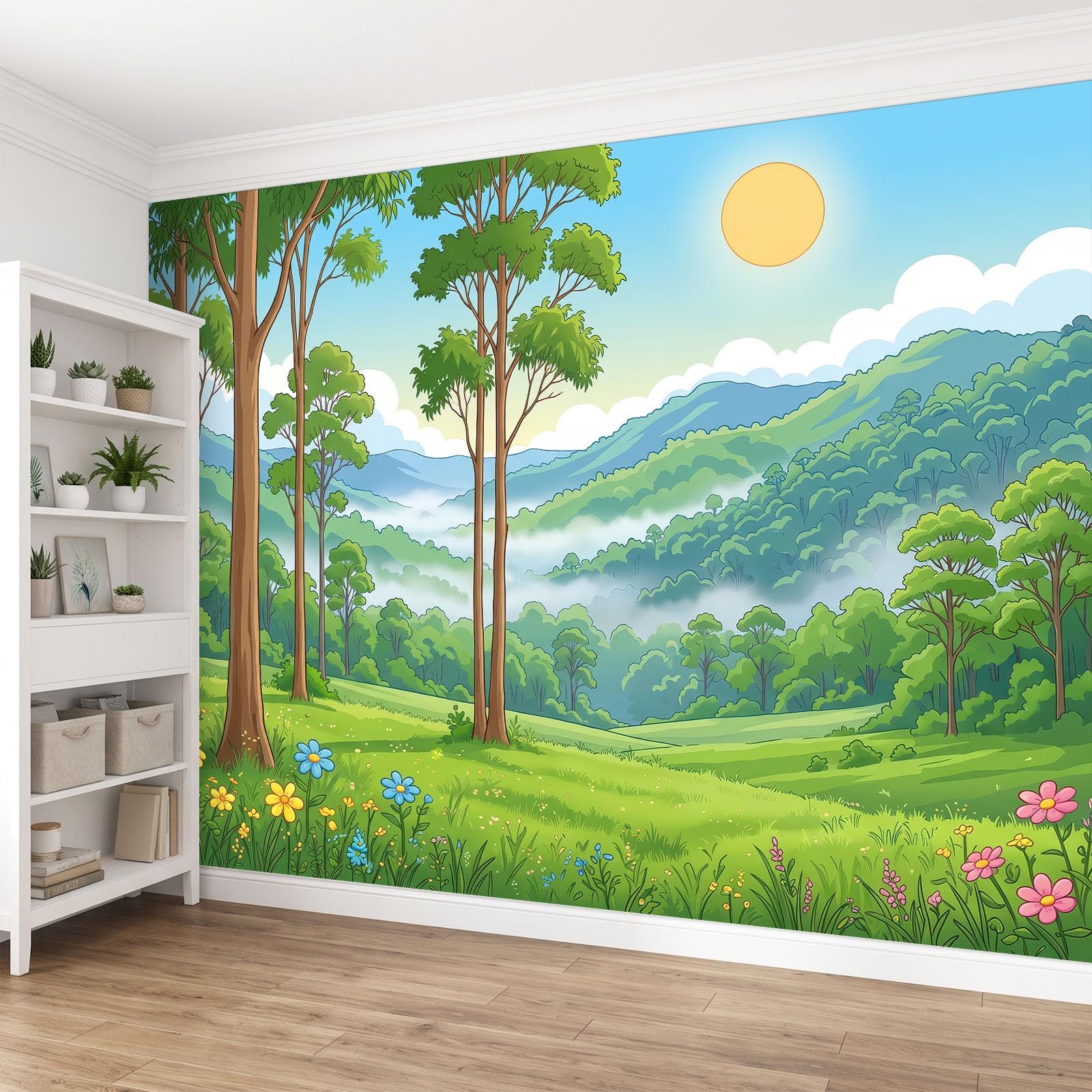 Panoramiczna tapeta 500 x 280 cm (szer. x wys.) realistyczny krajobraz anime fototapeta z włókniny gobelin plakat ścienny do salonu dekoracja ścienna sypialni, pokoju dziecięcego trawa góry las