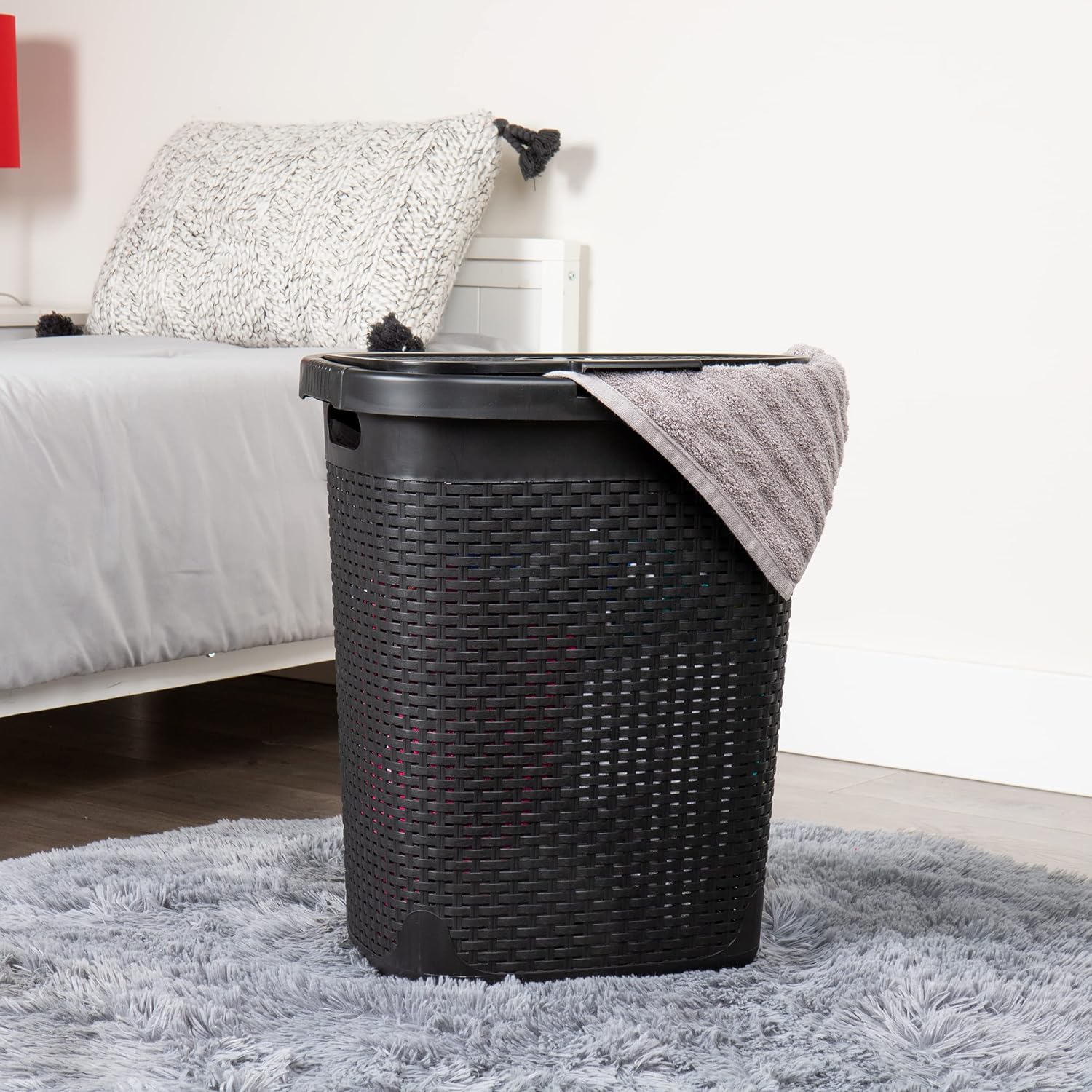 Mind Reader 50L Slim Laundry Hamper, Set of 2, Clothes Basket, Lid, Wicker Design, Plastic, 17.65"L x 13.75"W x 21"H, Black