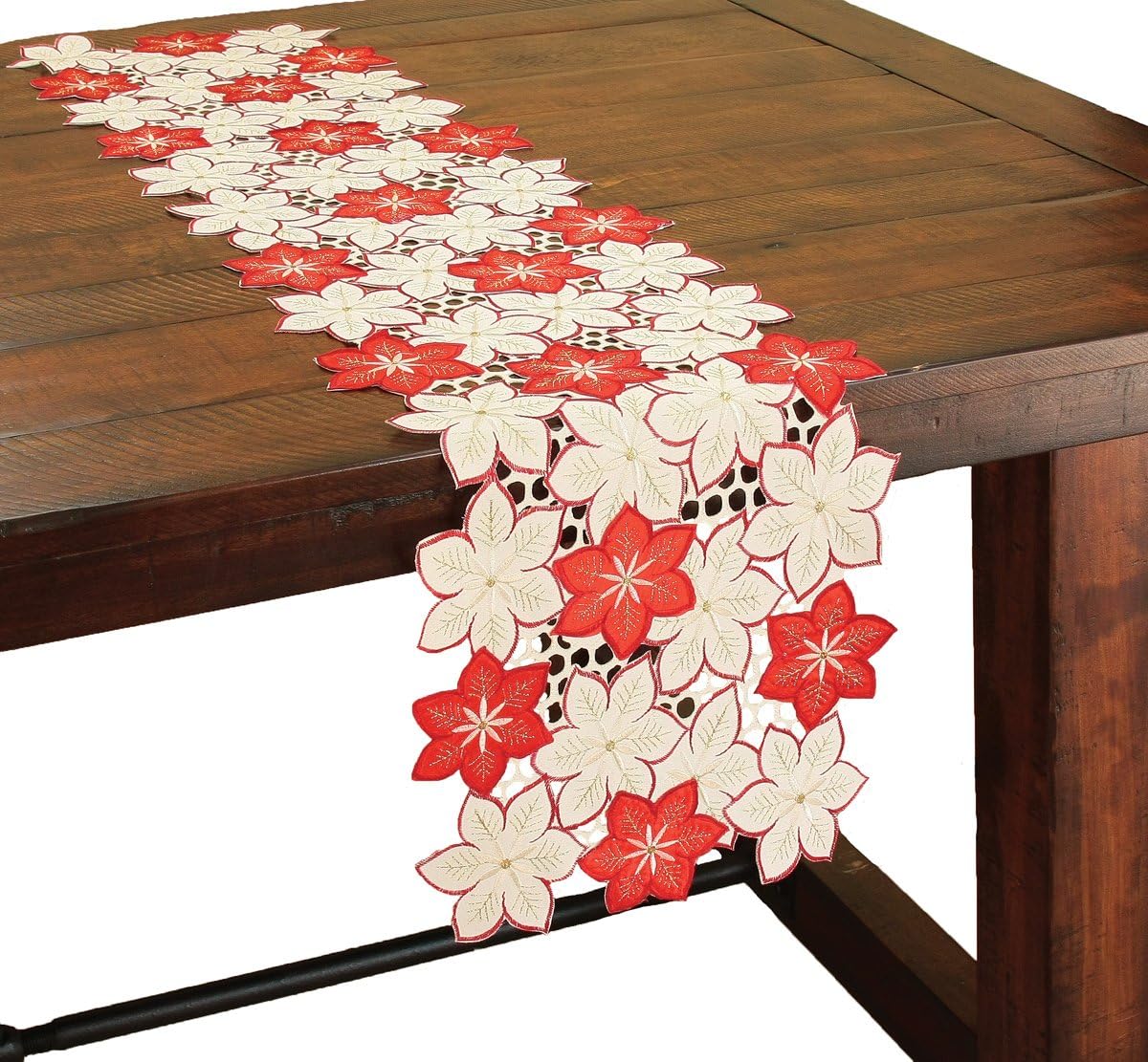 Candy Cane Poinsettia Embroidered Cutwork Christmas Table Runner, 15 by 72-Inch