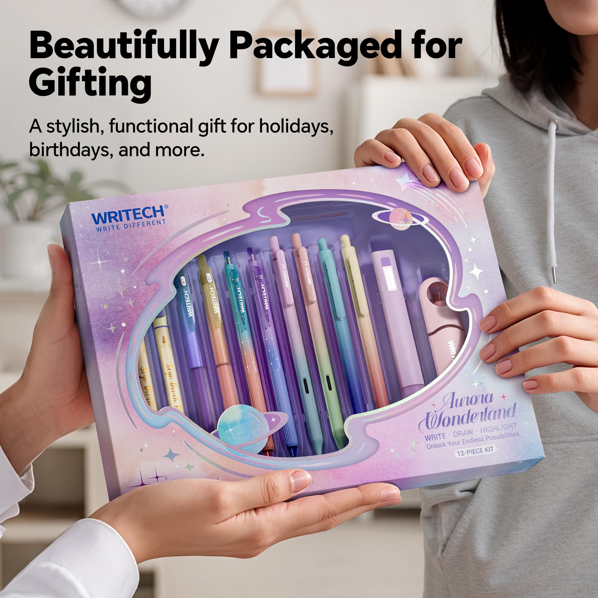 WRITECH Gel Ink Pens Journaling: Aurora Wonderland Pen Set, Gradient Barrels Black Ink Pens Pastel Highlighters Brush Markers, No Bleed Smooth Writing Drawing Gift for Friends 12ct