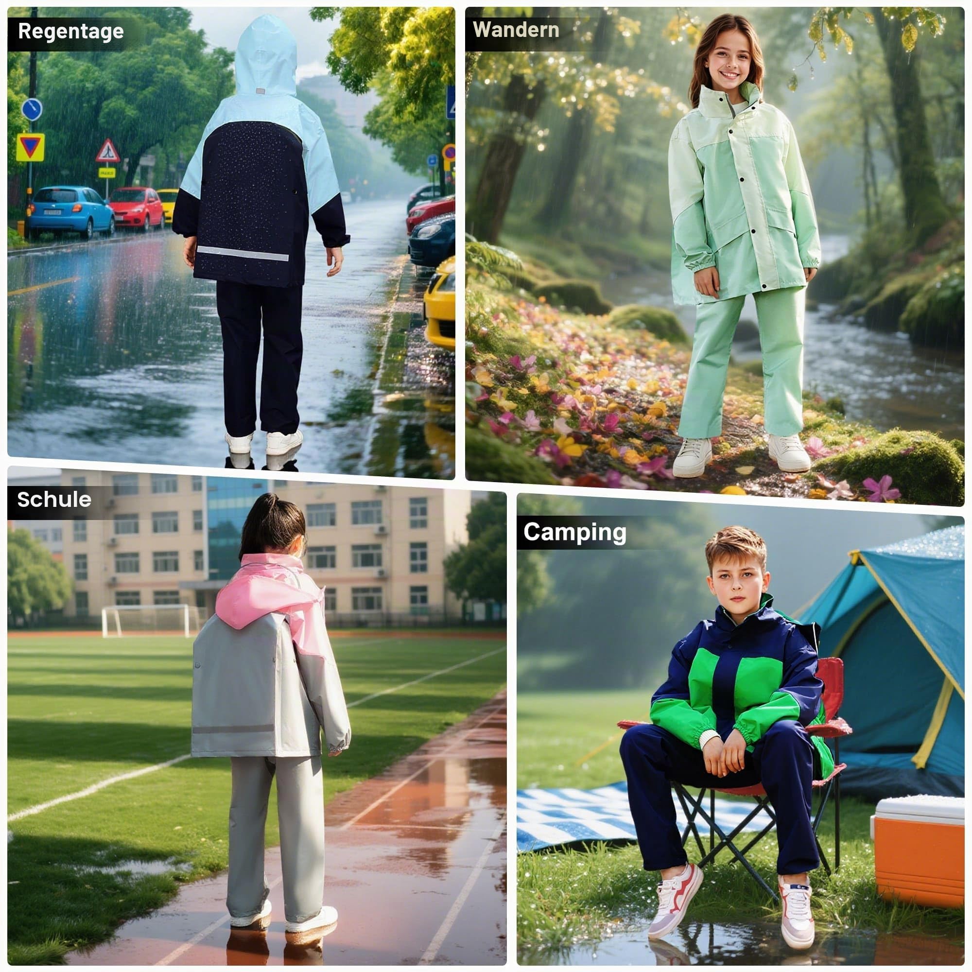 JinBei Kinder Regenanzug Mädchen Jungen Regenkleidung Leicht Zweiteiliger Anzug Unisex Wasserdicht Winddicht Regenjacke und Regenhose Transparenter Krempe Regenset mit Reflektor 8-14 Jahre