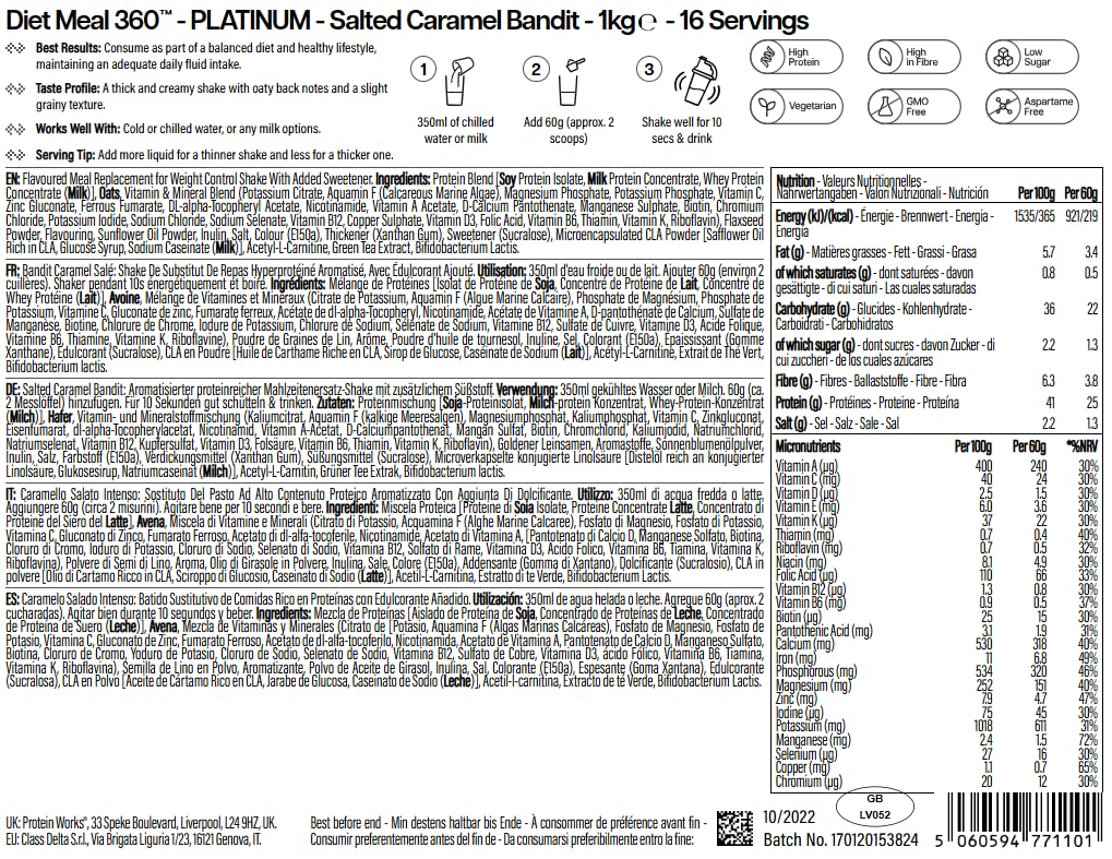 Protein Works | Diet Meal 360 - PLATINUM Innovation, Trinkmahlzeit, Abnehmshake, Vollwertige Ernährung, 26 Vitamine & Mineralstoffe, Leinsamen, Omega 3, Inulin, Salted Caramel, 16 Mahlzeiten, 1kg