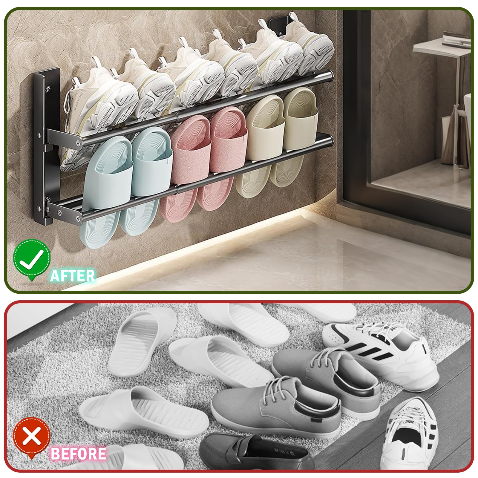 Schuhregal Wand Schmal, Schuhregal Metall Schwarz 2 Ebenen, 37-67cm Ausziehbar, Schuhaufbewahrung Platzsparend für 6 Paar Schuhe, Schuh Organizer für Wohnmobil Korridor Badezimmer