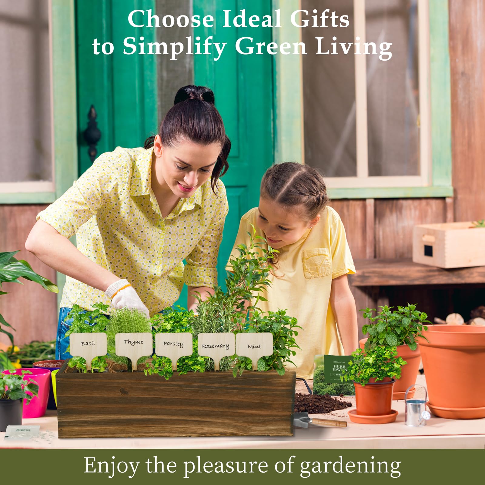 Pot de fleurs de jardin à 5 herbes avec boîte en bois, kit de démarrage de graines de cuisine pour la maison, y compris basilic, thym, persil, romarin, menthe, anniversaire, fête des mères, pendaison