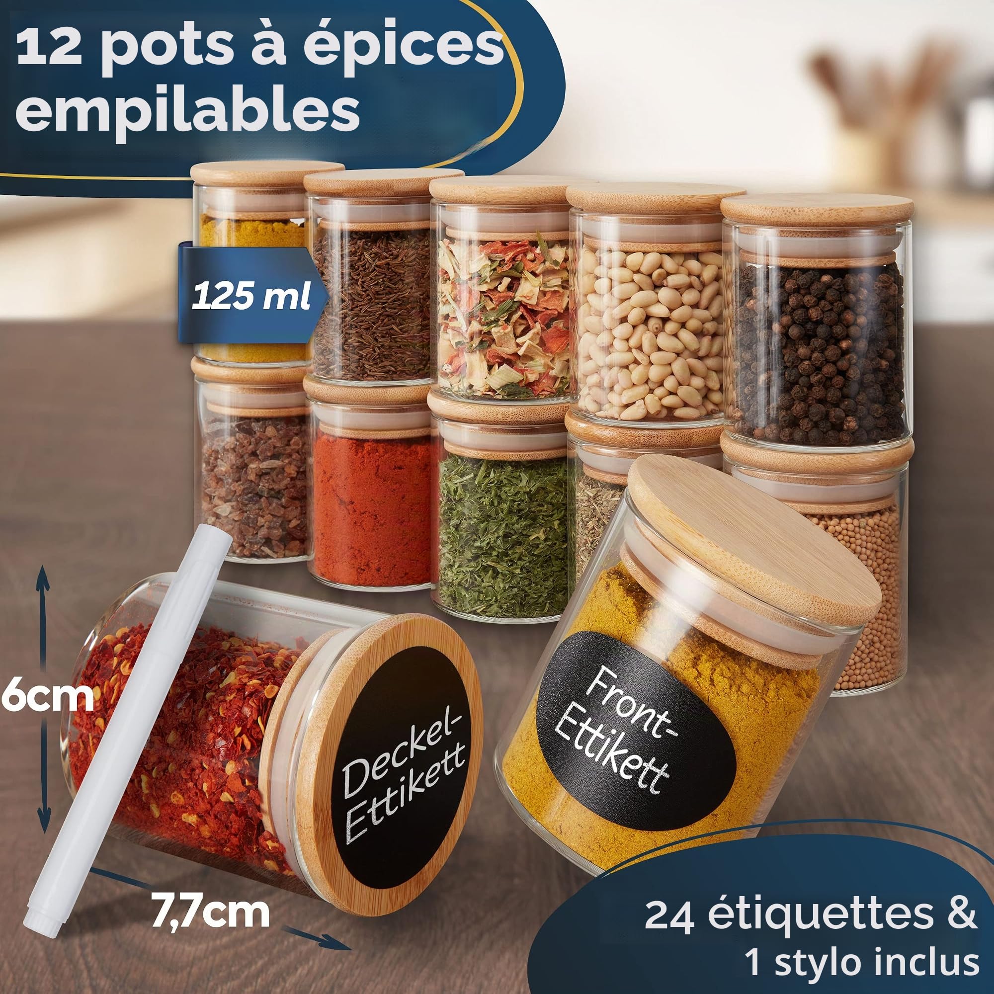 CLIDOR Lot de 12 pots à épices ronds de 125 ml, épaisseur du verre accrue, boîtes à épices empilables avec couvercle en bambou, récipients à épices hermétiques pour la cuisine, pots à épices