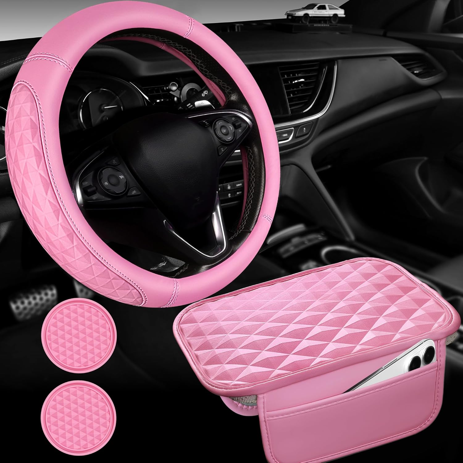 CAR PASS 3D Rhombus Leather Steering Wheel Cover Car Accessories Set, Comfortable Center Console Armrest Cushion with Storage Bags 2 Non-Slip Cup Coasters, 14.5-15in Cute Car Interior Sets, 4 PCS Pink