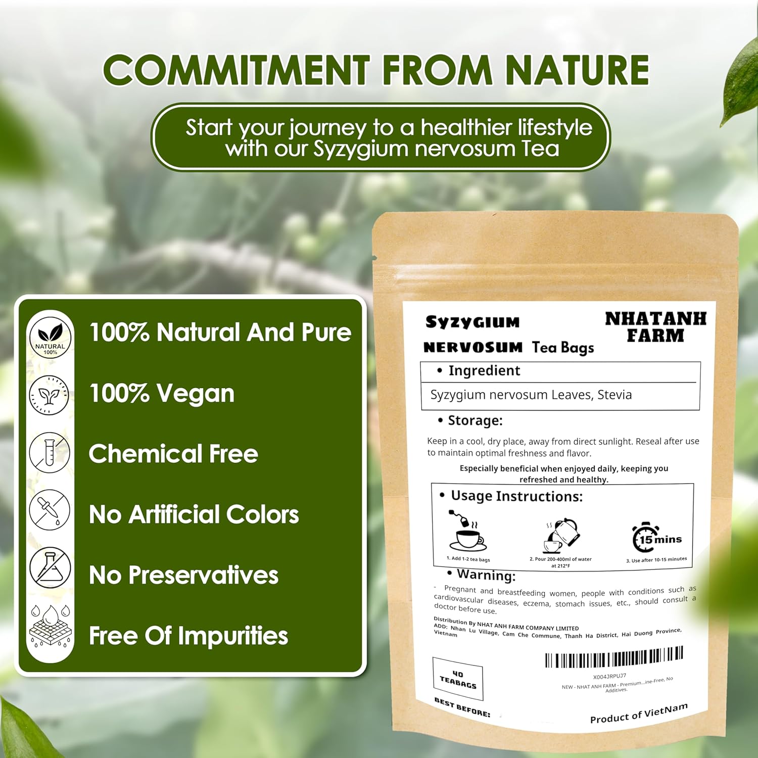 NHAT ANH FARM - Premium Syzygium Nervosum Tea Bags, 100 Syzygium Nervosum Tea Bags, 100% Natural Dried Syzygium Nervosum Leaves, Naturally Sweet Herbal Tea, Sugar-Free, Caffeine-Free, No Additives. - Image 3