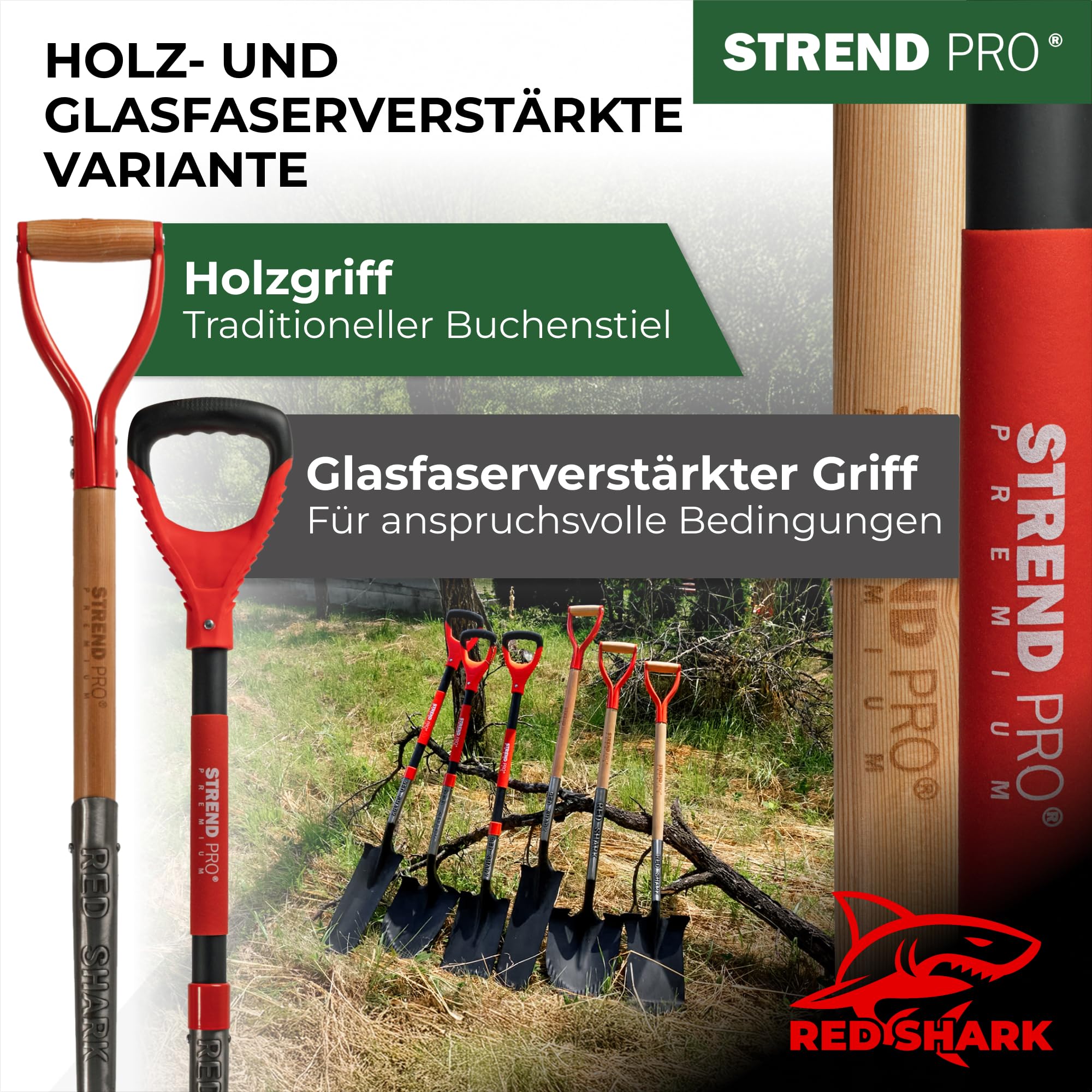 STREND PRO Spaten | Premium RedShark Gärtnerspaten | Drainagespaten mit Fiberglasstiel | D Spatenstiel | Schmal Spaten für Garten mit Stabiler Stahlkopf |für Harte, steinige Böden| Wurzelspaten