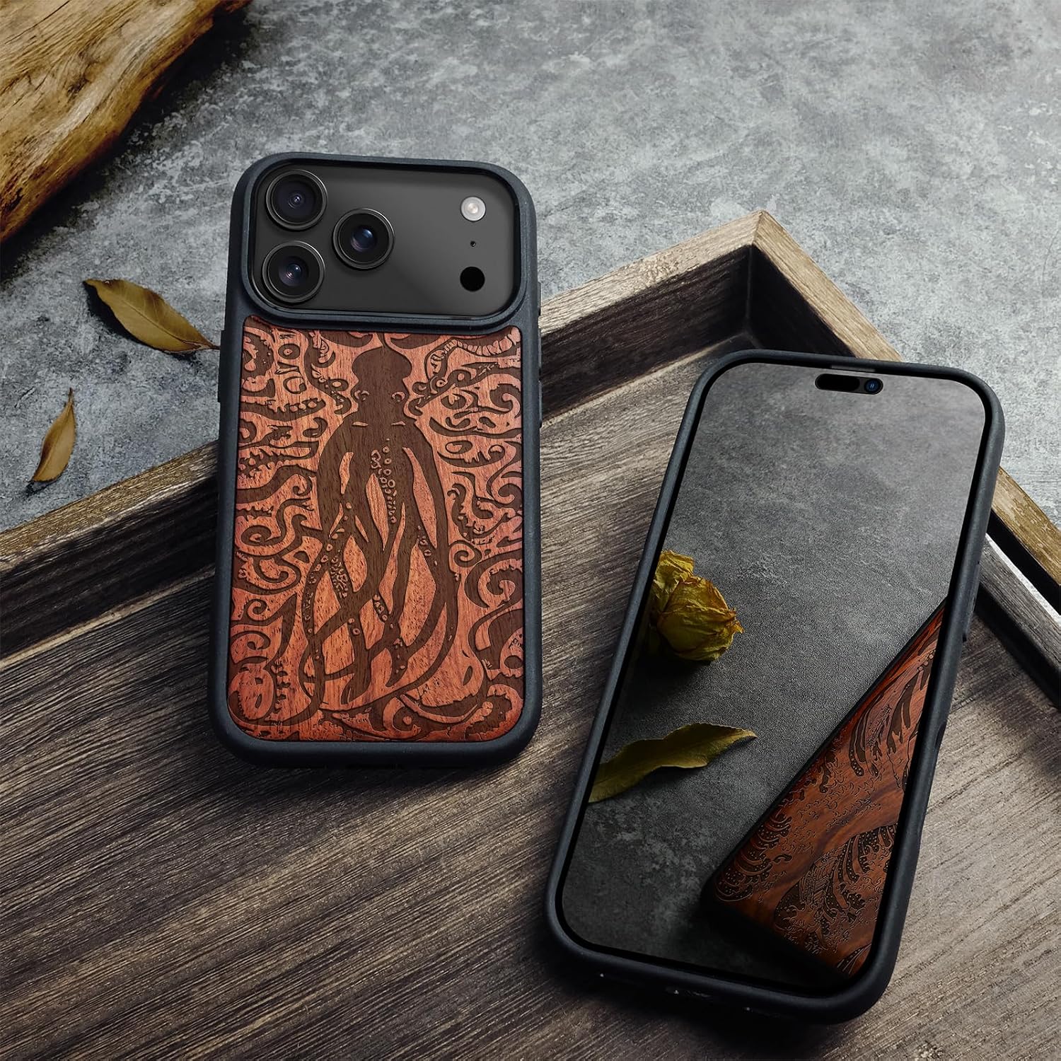 Carveit Magnetic Wooden Case for iPhone 17 Pro Max Case, Wood Artisan Engraved & Black Soft TPU Shockproof Cover, Compatible with MagSafe Wireless Chargers (The Octopus's Nocturne) Rosy