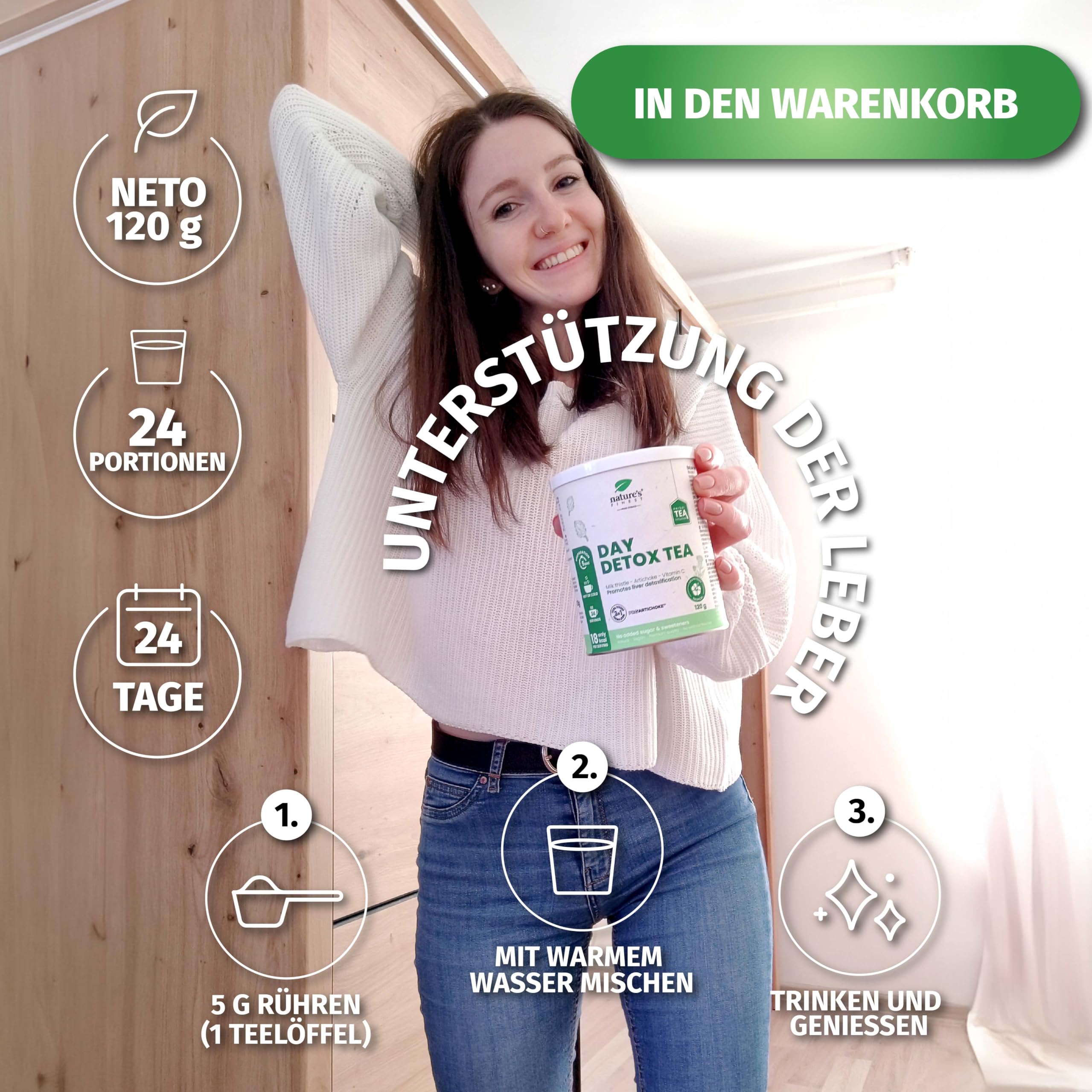 Nature’s Finest Day Detox Tee - Mit Mariendistel, Artischocke & Vitamin C - Stoffwechsel & Leberunterstützung - Reinigungstee zur Entgiftung & Gewichtsregulation - Pulver, 360 g