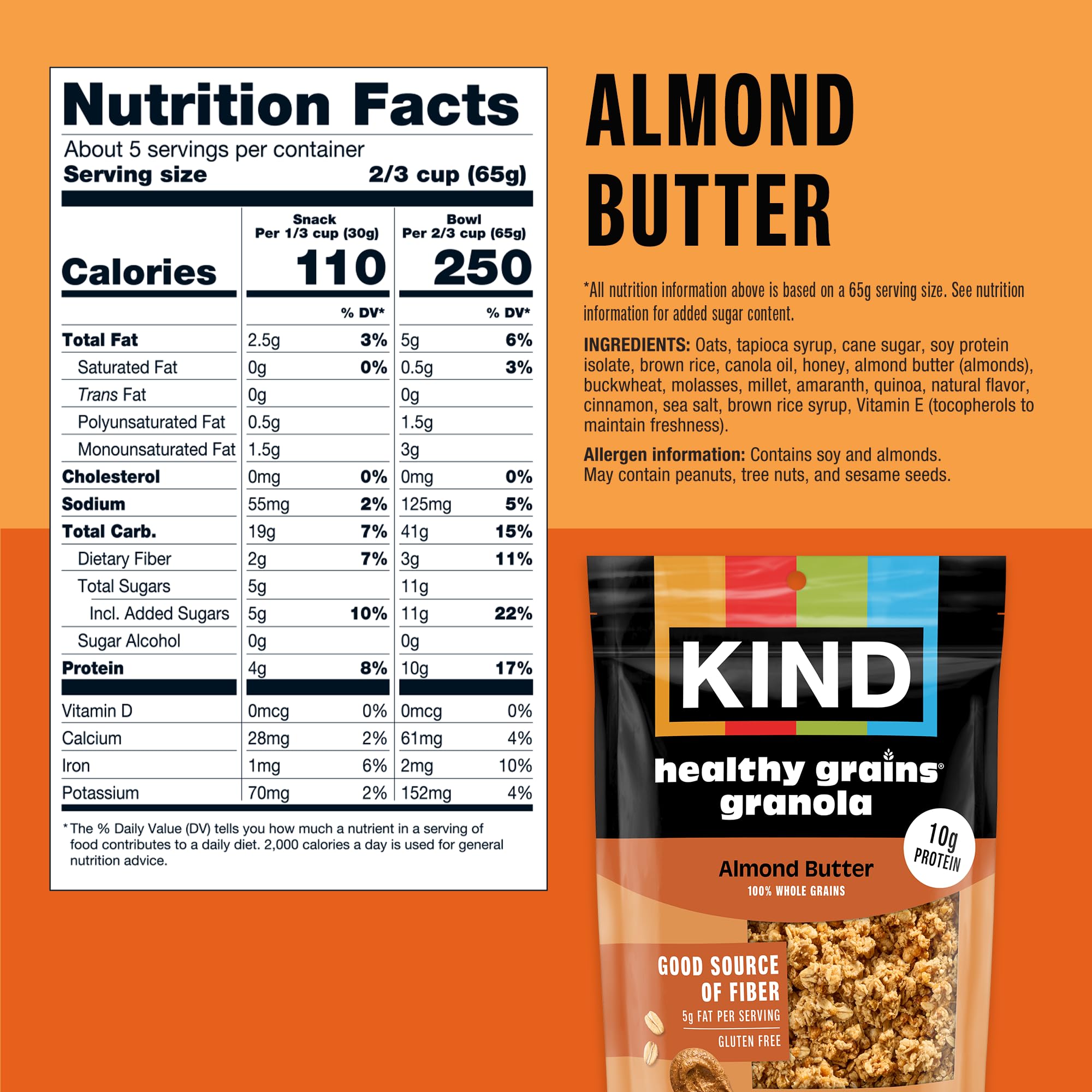 ND Healthy Grains Clusters, granola de mantequilla de almendras, 0.39 onzas de proteína, sin gluten, bolsas de 11 onzas, 6 unidades