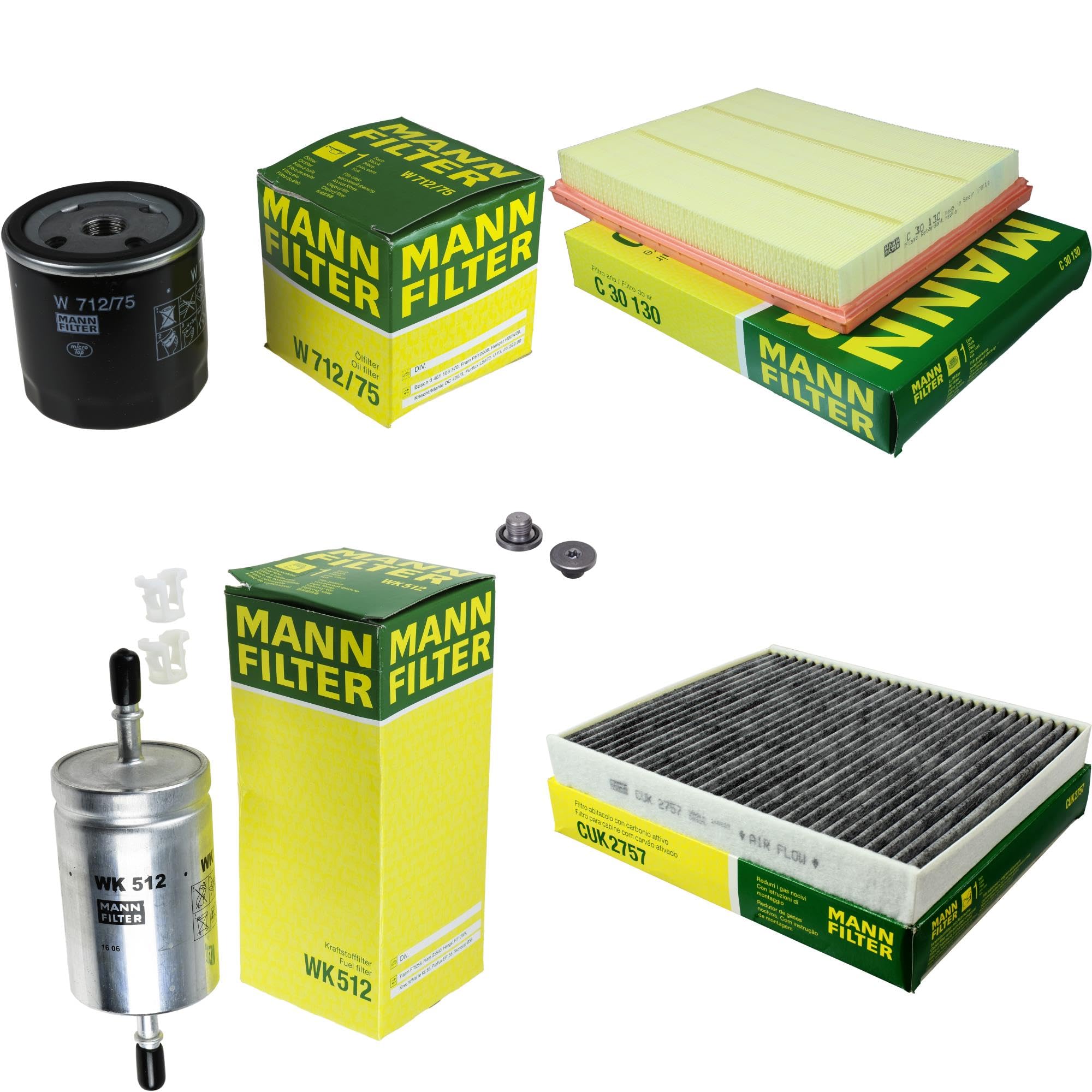 Paquete de inspección Kit de mantenimiento de filtros con filtro de aceite W 712/75, filtro de aire C 30 130, filtro de combustible WK 512, filtro de habitáculo CUK 2757, tornillo de cierre