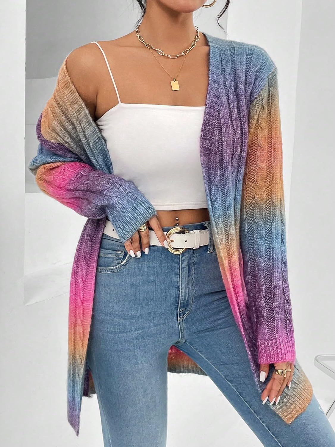 Women's Ombre Print Cable Knit Cardigan Sweater Long Sleeve Open Front Loose Outwear Fall Outfits - Image 5