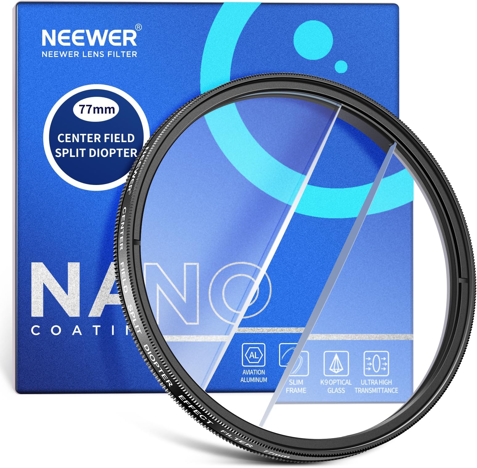 77mm Center Field Split Diopter Effect Filter, Camera Linear Prism K9 Optical Glass Filter with Aluminium Frame, Blurred Refraction Foreground Repeated Color Effect Camera Lens Accessories