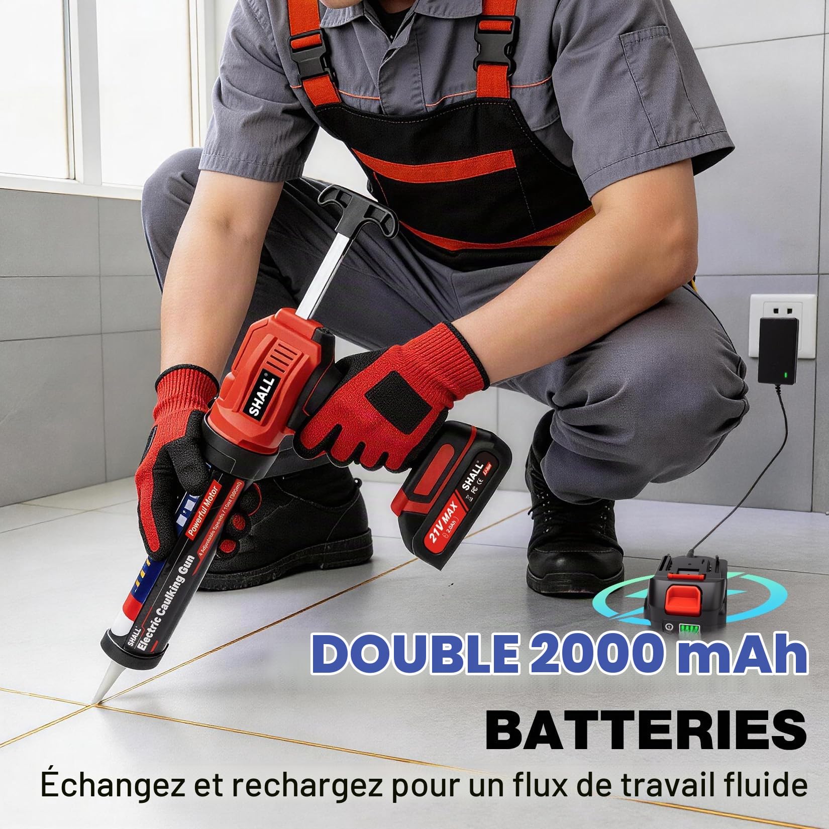 SHALL Pistolet à calfeutrer électrique 21 V,avec lumière LED, 4 vitesses réglables, conception anti-goutte, convient aux cartouches de 300 ml pour le scellage et le remplissage
