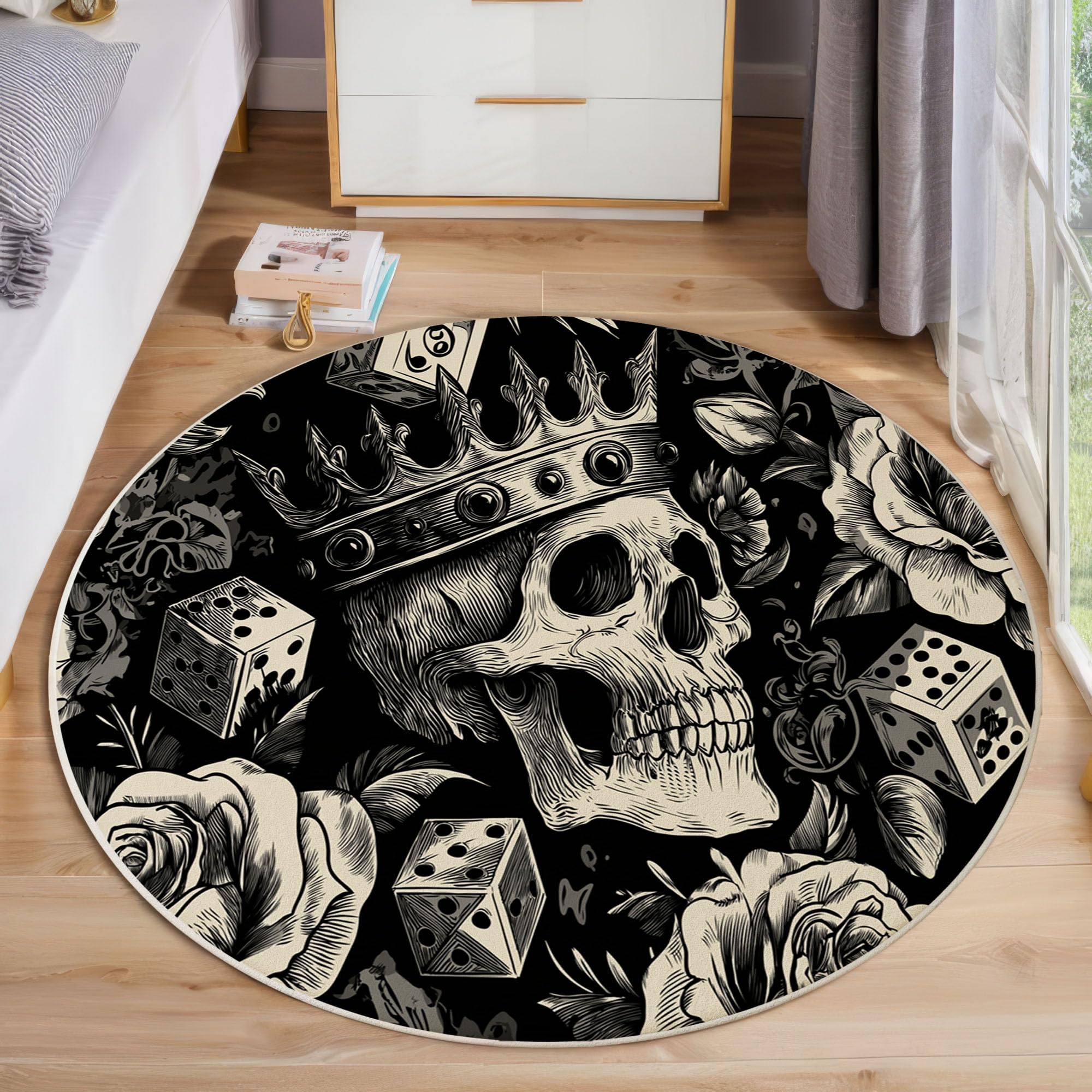 Tapis rond 80cm noir de salon et chambre adulte lavable et antidérapant