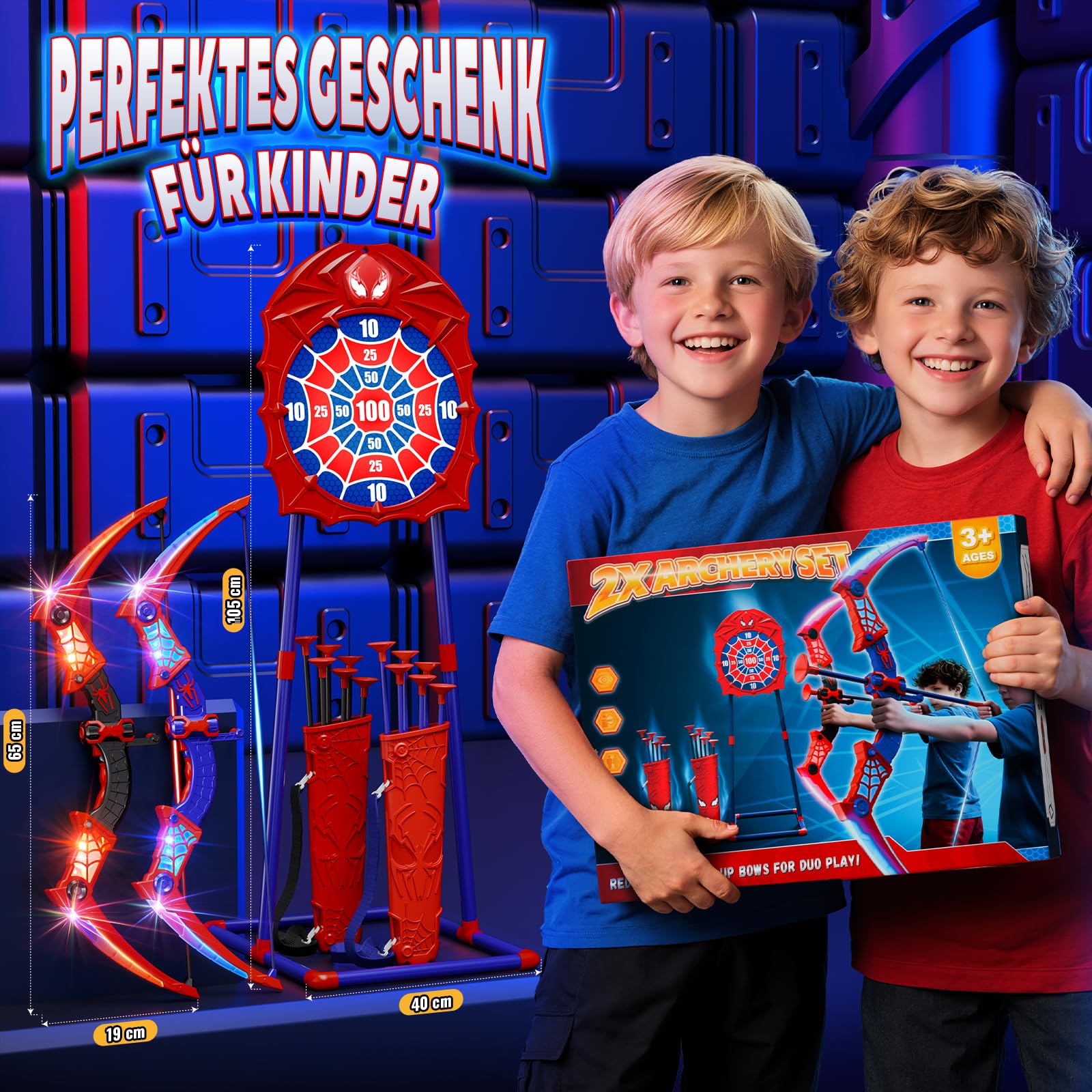 Spielzeug ab 3-12 Jahre Junge, 2 Stück PfeilBogen Kinder mit Rot & Blau LED Lichtern, Zielscheibe zum Stehen & 2×Köcher, Geschenk Junge 3 4 5 6 7 8 9 10 12 Jahre Geschenkideen Spiele für Kinder