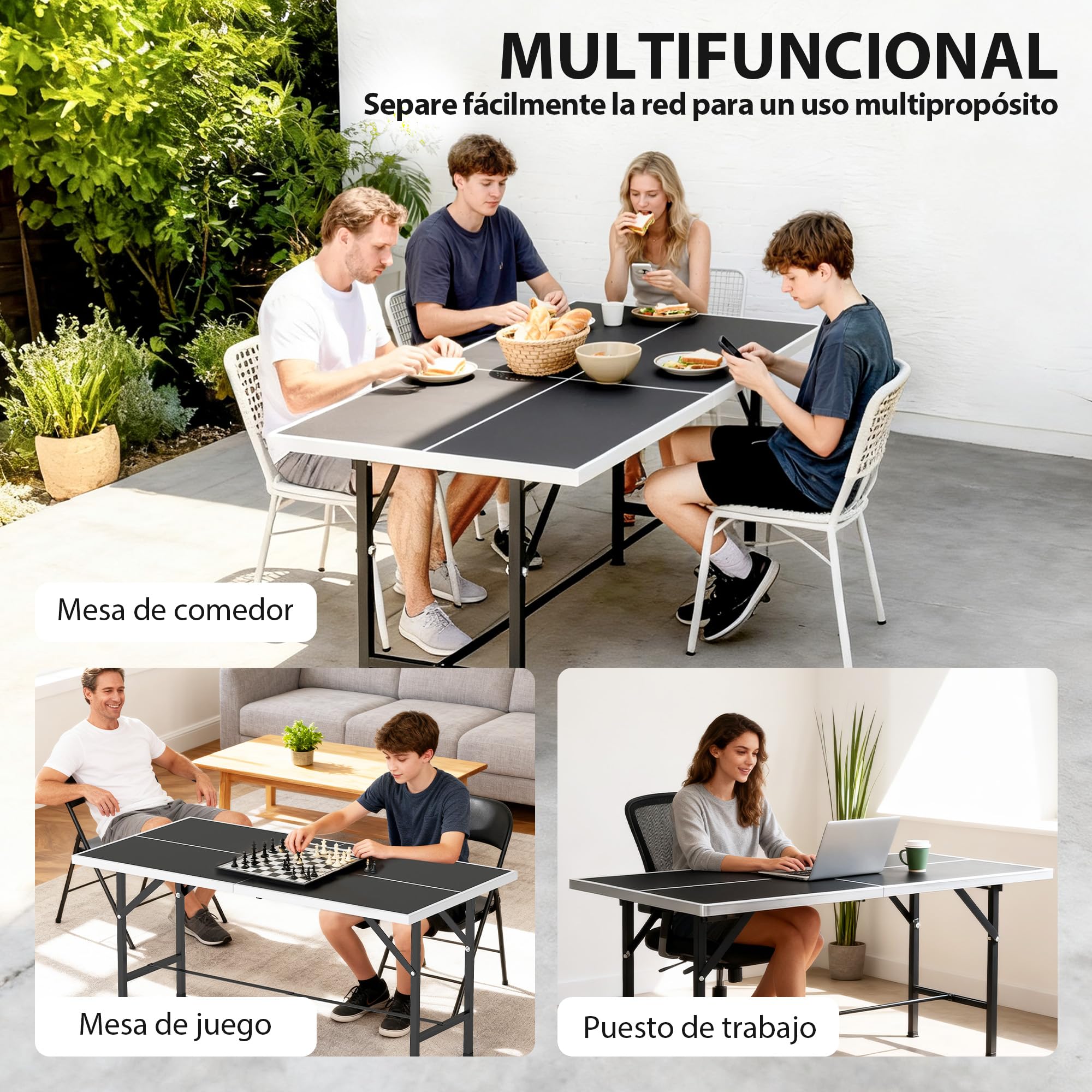 SPORTNOW Mini Mesa de Ping Pong Plegable 152x76x70 cm, Exterior con Red, 2 Raquetas y 3 Pelotas, Negro