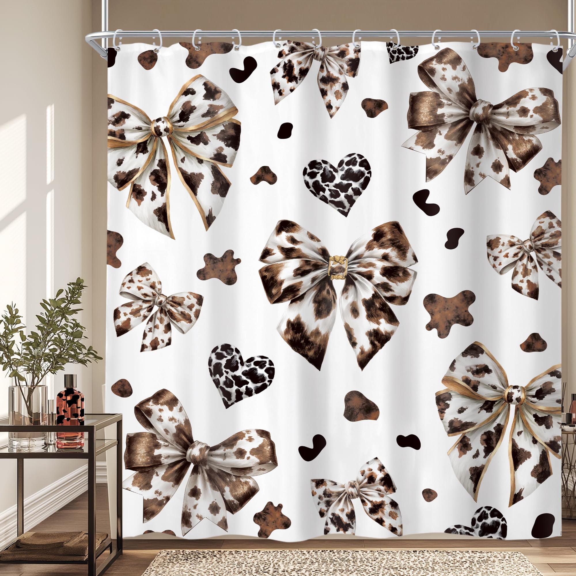 Black White Bowknot Leopard Print Bow Heart Bathroom Shower Curtain Set — image 1