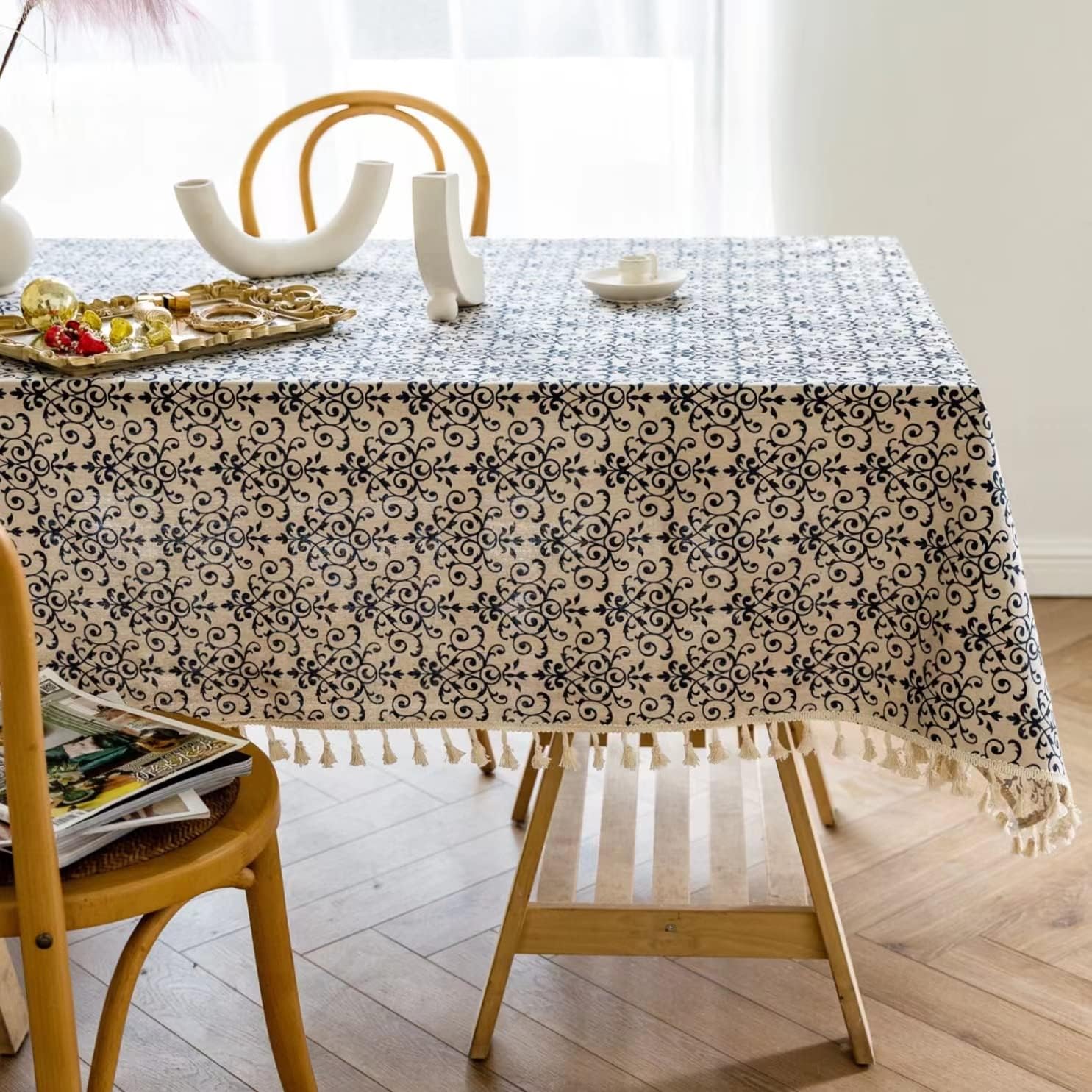 YUURAINVUVU Blue and White Porcelain Pattern Cotton Linen Fabric, Stitching Tassel Rectangle Tablecloth for Kitchen | Dining | Tabletop | Decoration | Tea Party | Weddings | Farmhouse (55x70 Inches)