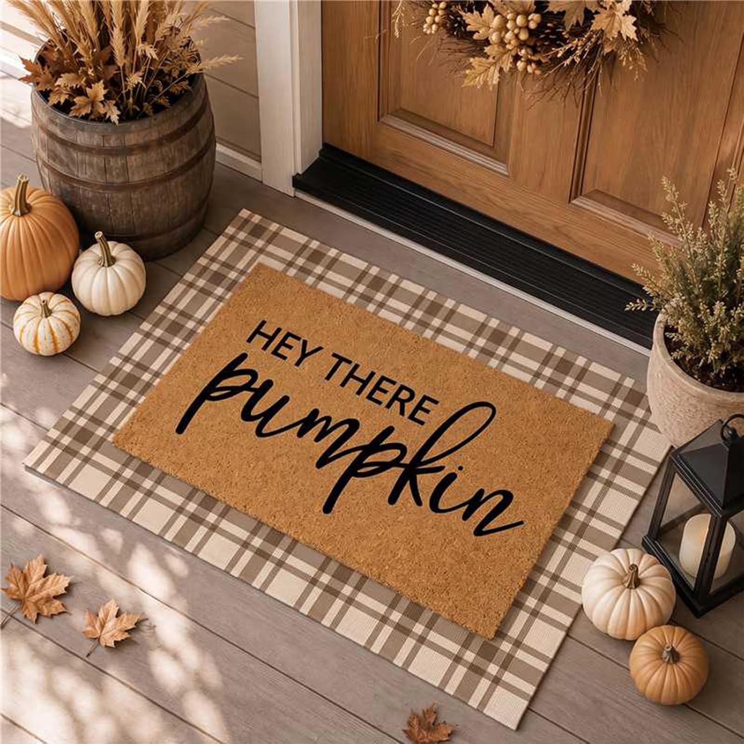 Drydiet 2 Pcs Fall Hey There Pumpkin Layered Doormat Set, Brown, Beige