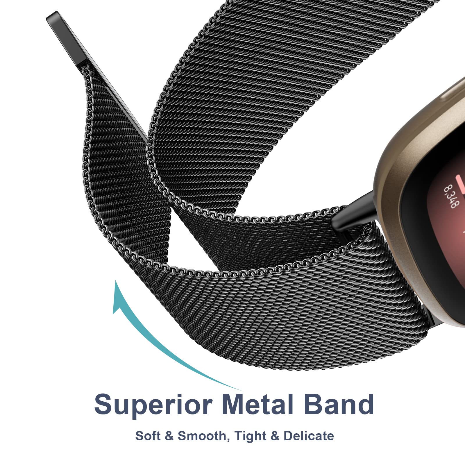 Bracelet en métal compatible avec Fitbit Versa 3/Versa 4/Fitbit Sense/Sense 2 pour homme et femme - Maille en acier inoxydable respirante avec fermeture magnétique réglable