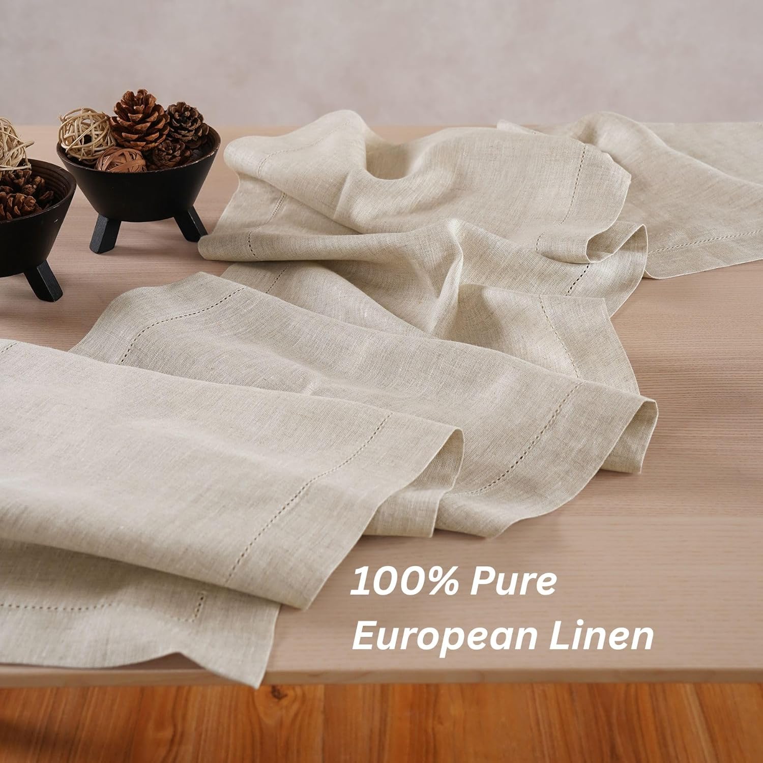 Home Ekaa Light Natural Linen Table Runner 48 Inches - 100% Pure Linen Cloth Fabric Hemstitch Table Runner 14 x 48 Inch for Dining, Gifting, Holiday & Everyday Décor - Lino