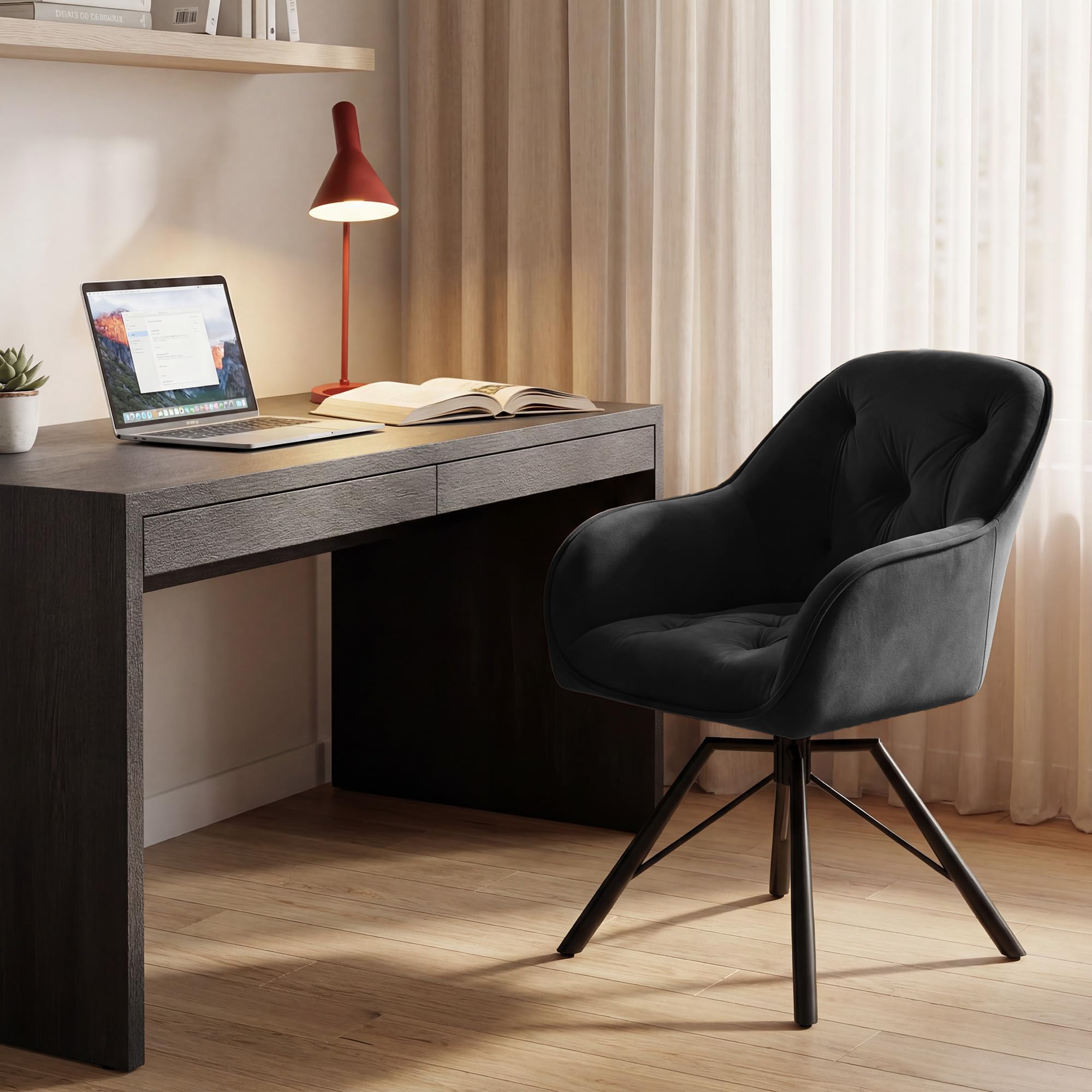 ELUCHANG Esszimmerstühle 2er Set, 360°Drehbar, Mehrschichtiger Dicker Schaumstoff Stuhl mit Hohen Armlehnen, Schwarz Samt, Gekreuztes Metallgestell bis 150KG, für Schlafzimmer Küche Wohnzimmer