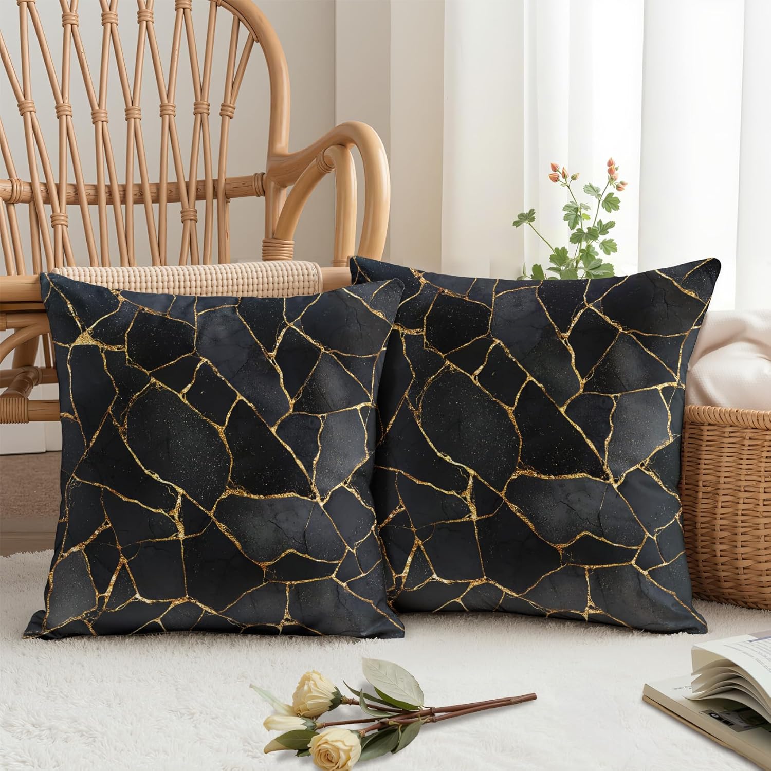 Marble Couch Pillow Covers - 24x24 Throw Pillow Covers Set of 2, Black and Gold Abstract Modern Double Sided Print Pillowcases for Couch Living Home Decor #M154