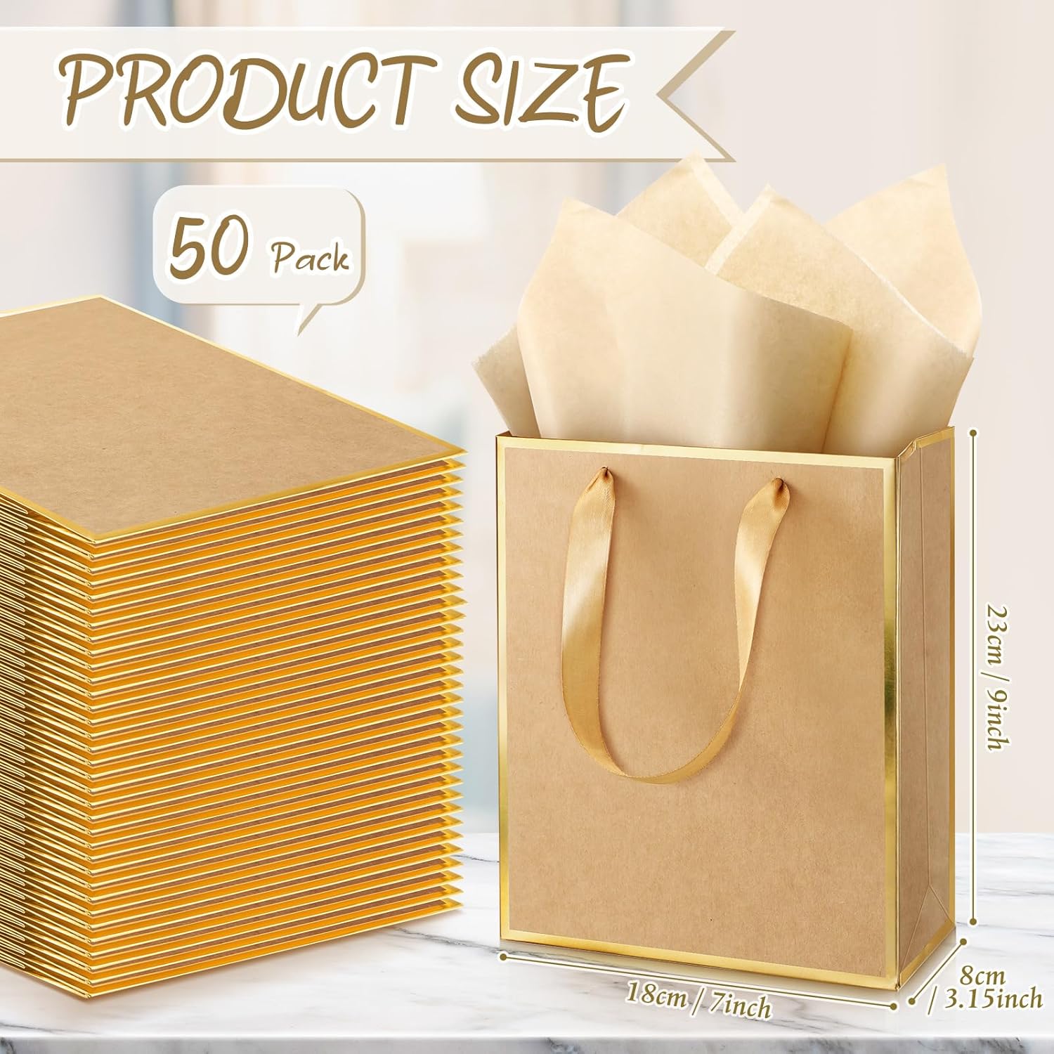 Yeaqee 50 Pack Metallic Gift Bags with Handle and Tissue Paper Gold Foil Thank You Bag for Valentine Wedding 5 Groomsmen Bridal 5 Senses Gifts Holiday Party Favors 9x7x3.15''(Kraft) - Image 2