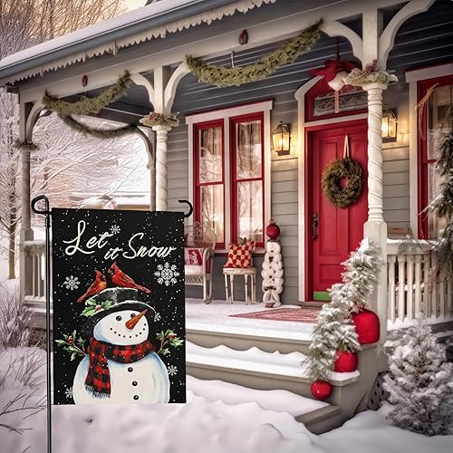 Miniatura 9 de Bandera de jardín de nieve de nieve, muñeco de nieve de invierno, bandera de patio de doble cara cardenal de pájaros, pancarta negra de feliz