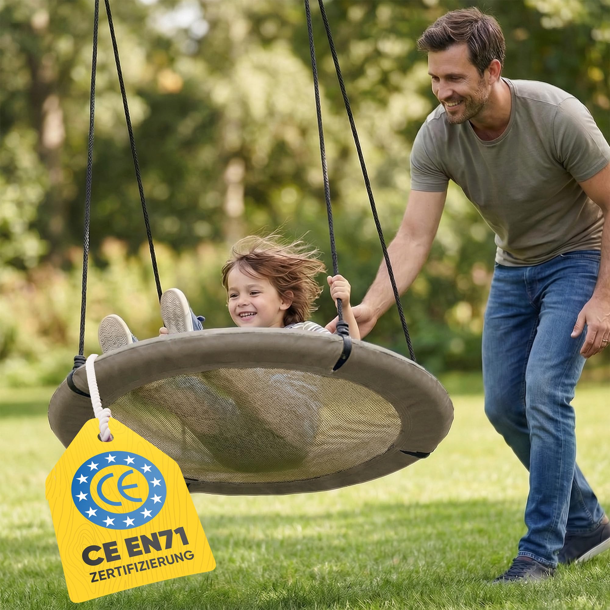 FRIEDO Nestschaukel Outdoor 90/110 cm I Netzschaukel bis 150 kg I Wasserabweisend & UV-beständiger Bezug I Höhenverstellbar I Rostfreier Stahlrahmen I Kein Ausbleichen I Korbschaukel schnell montiert