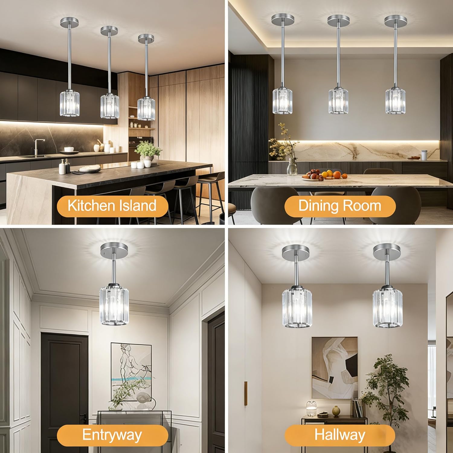 Pendant Lights Kitchen Island 3 Pack, Adjustable High Brushed Nickel Modern Crystal Mini Chandelier Ceiling Hanging Pendant Light Fixtures for Kitchen Hallway Dining Room Bedroom