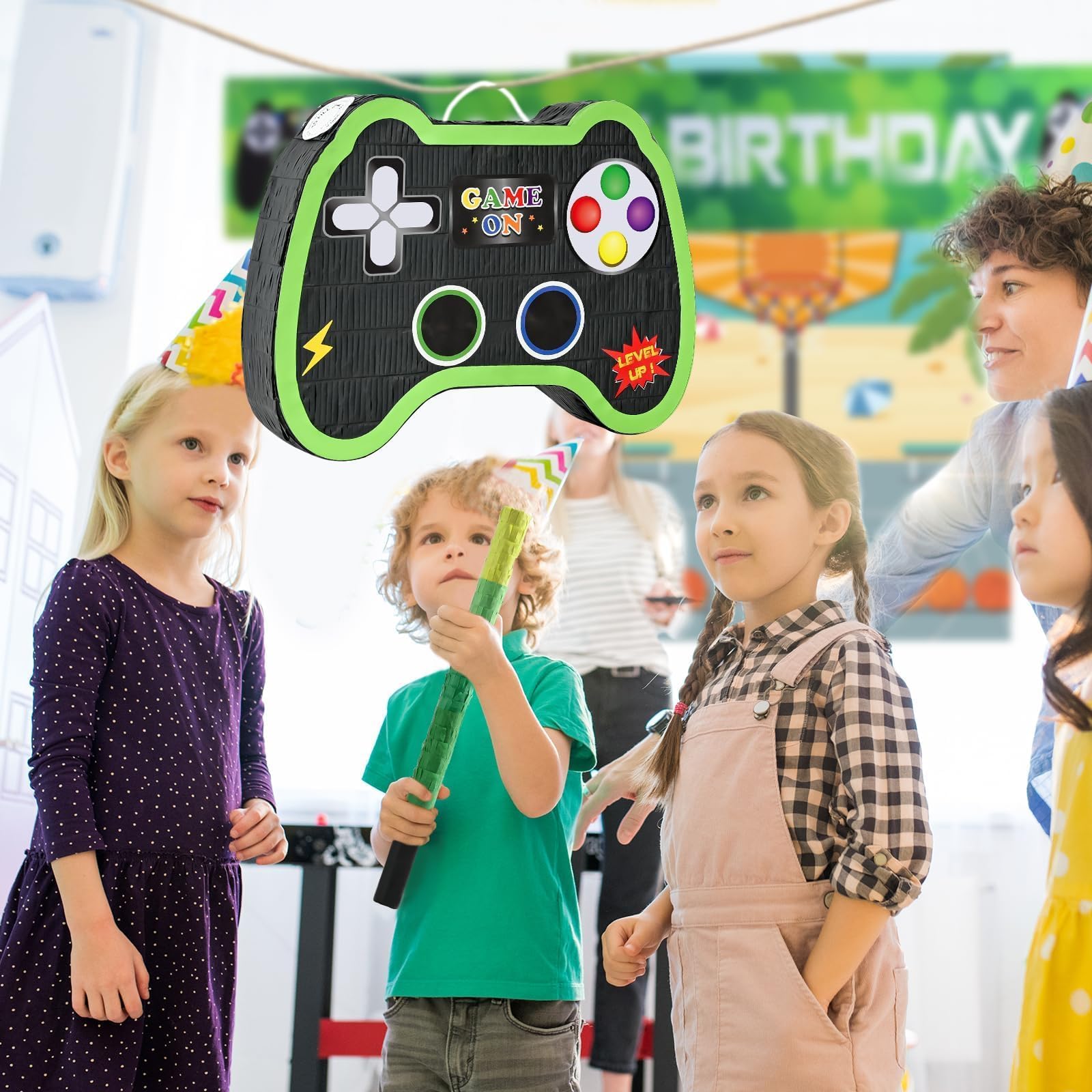 Videogioco Pignatta - Articoli per Feste di Gioco Pentolacce con Benda e Pipistrello per Ragazzi Bambini Festa di Compleanno a Tema di Gioco Carnevale Decorazioni (40 x 31 x 8 cm)