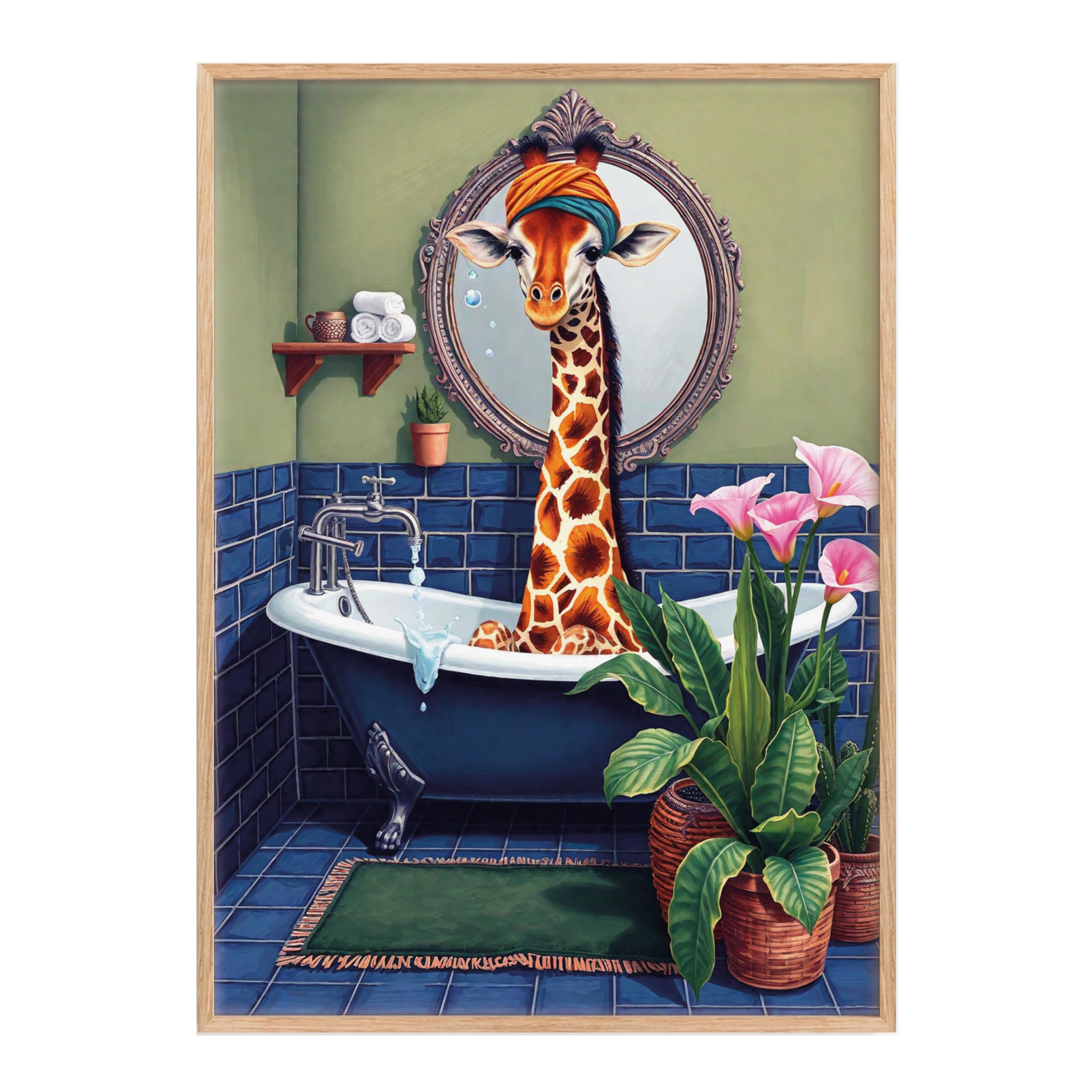 Made by Mika Ltd Funny Bathroom Wall Art Poster Animals (Giraffe, A5-148x210mm, Oak MDF Frame)