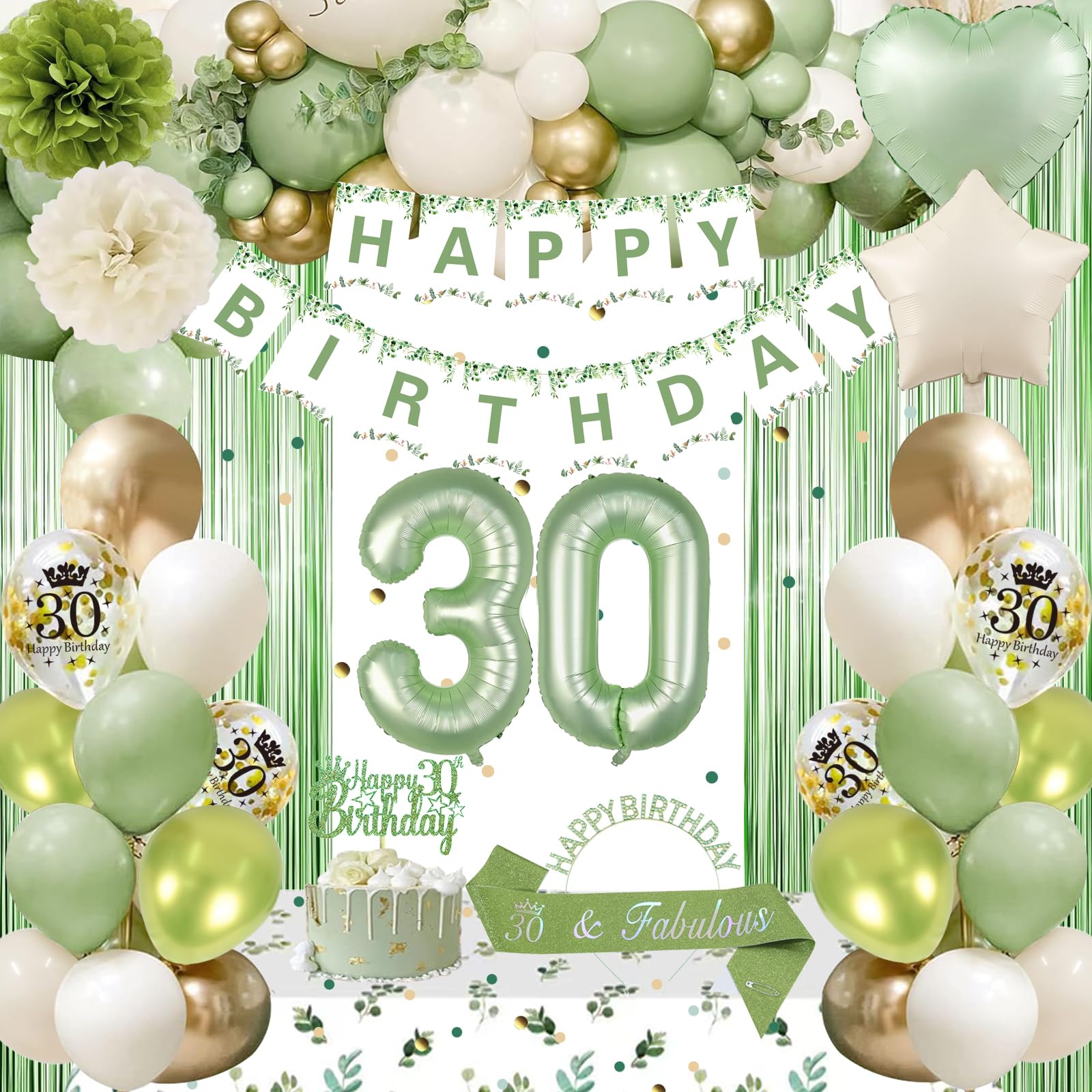30th Birthday Decorations for Her, Sage Green 30th Bday Decorations for Women Happy Birthday Banner Green Gold Balloons Crown Sash Fringe Curtain