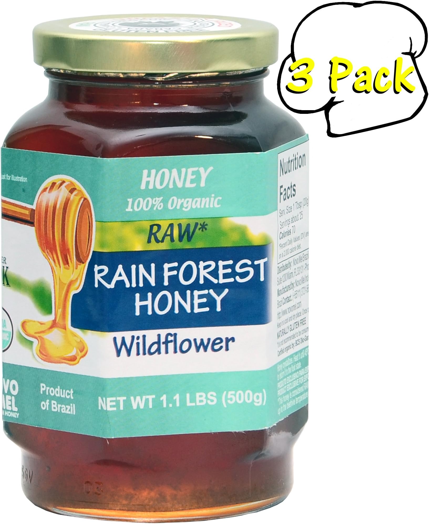 Brazilian Rainforest RAW Organic Honey, 17.6 Ounce, 3 Per Case