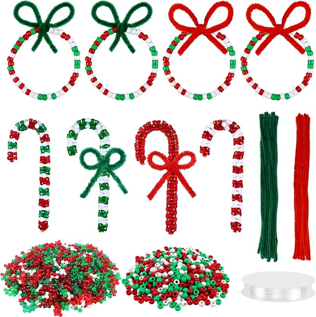 SelfTek 1350 Pcs Christmas Beaded Ornament Kit, 800Pcs Xmas Tri Beads, 500Pcs Pony Beads, 50Pcs Chenille Stems (Red and Green) and 6m Elastic String for DIY Bead Christmas Tree Hanging Decoration