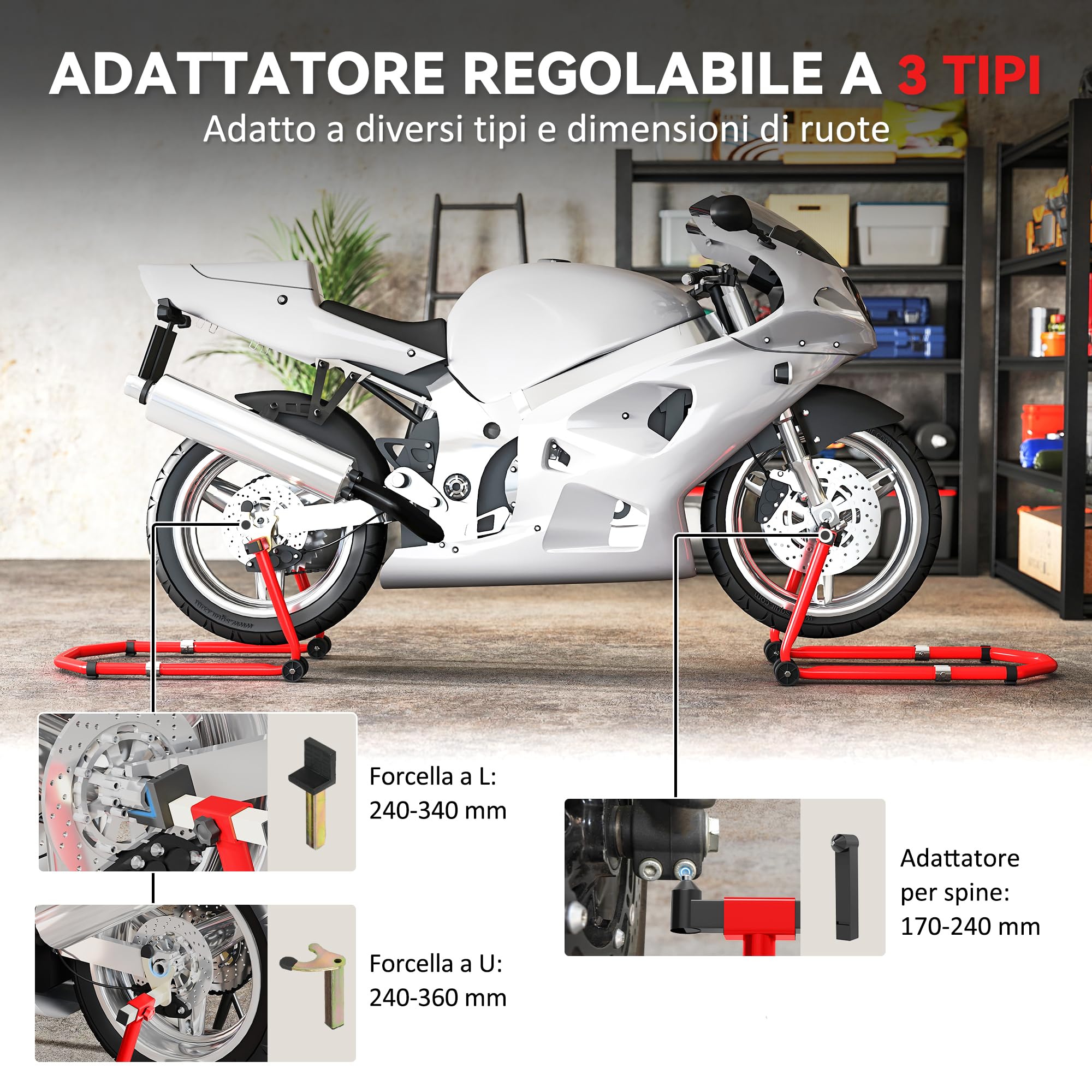 HOMCOM Cavalletto Moto Convertibile Anteriore Posteriore con Forcelle a U e L Supporto per Moto Regolabile Portata 390 kg dotato di Rotelle e Cuscinetti Antiscivolo per Officina e Garage Rosso