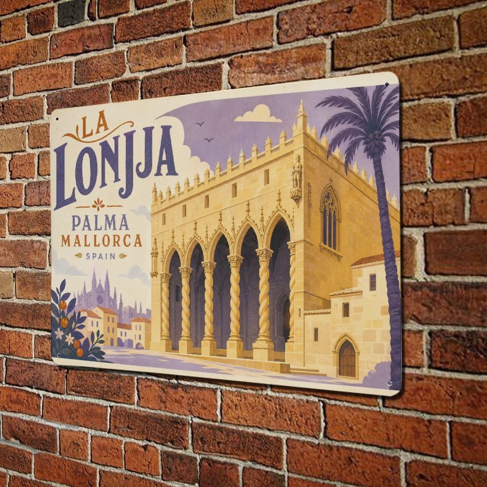 Vintage Travel Palma Lonja Building Mallorca Gothic Exchange Metal Tin Sign Wall Decor for Cafe, Club, Garden Metal Poster 8x12Inch