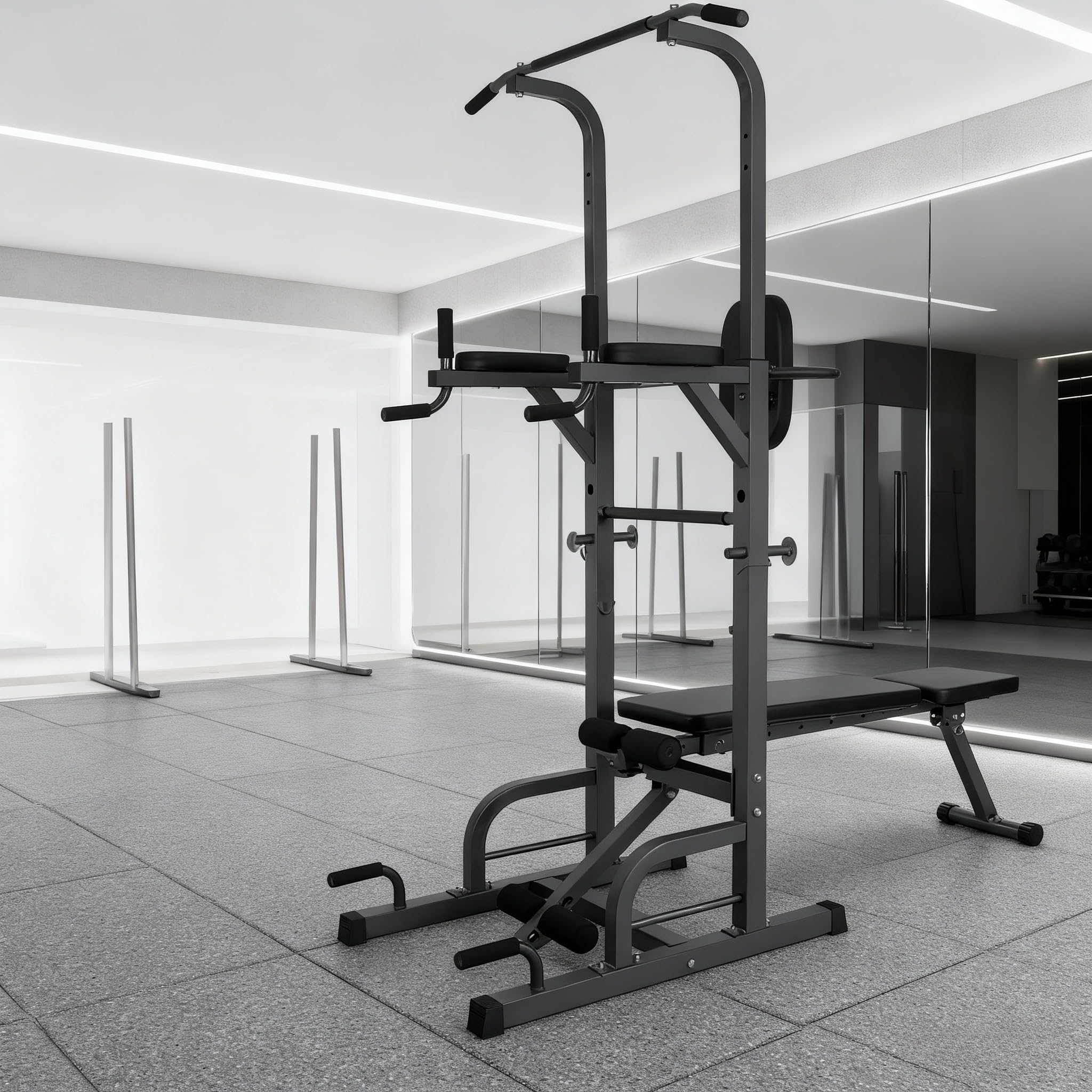 Estación de Dominadas, Maquina Dominadas Altura Ajustable, Máquina de Musculación con Banco de Pesas Plegable, Estación de Musculación para Fitness en Casa Gimnasio
