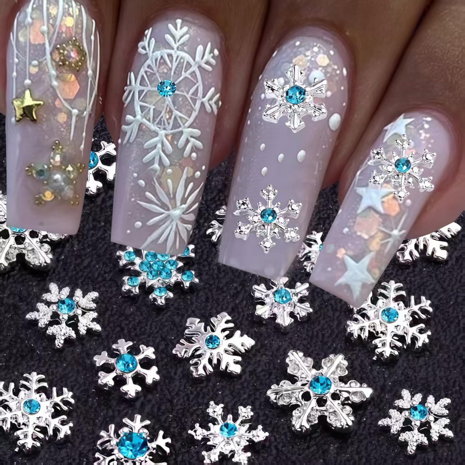 20 ciondoli per unghie a forma di fiocco di neve, argento lucido, blu, inverno, Natale, fiocco di neve, strass, design fiocchi di neve, ciondoli per unghie acriliche, unghie di Natale, gioielli per