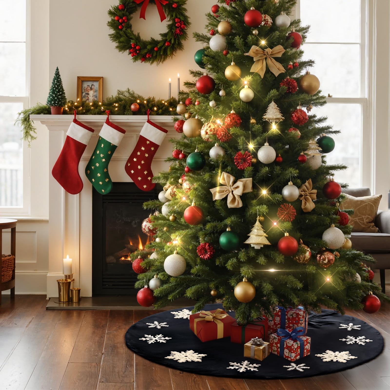 Gonna per albero di Natale con fiocco di neve, a righe, in velluto